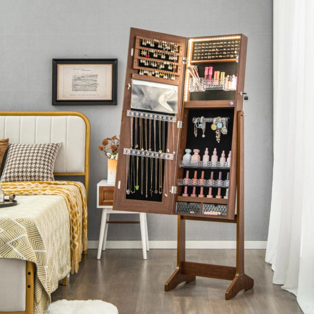 Hivvago Lockable Jewelry Armoire Standing Cabinet with Lighted Full-Length Mirror