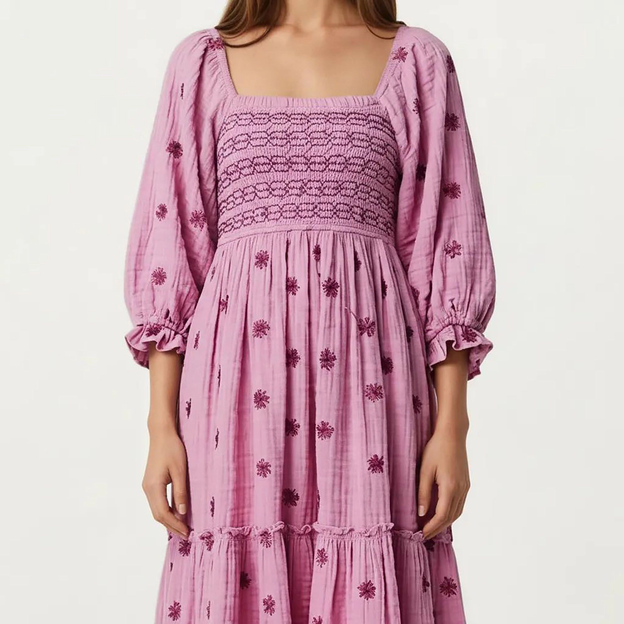Anna-Kaci Womens Smocked Square Neck Embroidered Maxi Dress with Puff Sleeves