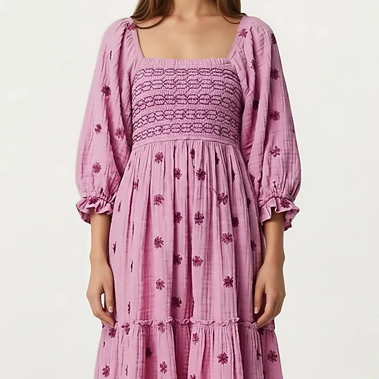 Anna-Kaci Womens Smocked Square Neck Embroidered Maxi Dress with Puff Sleeves
