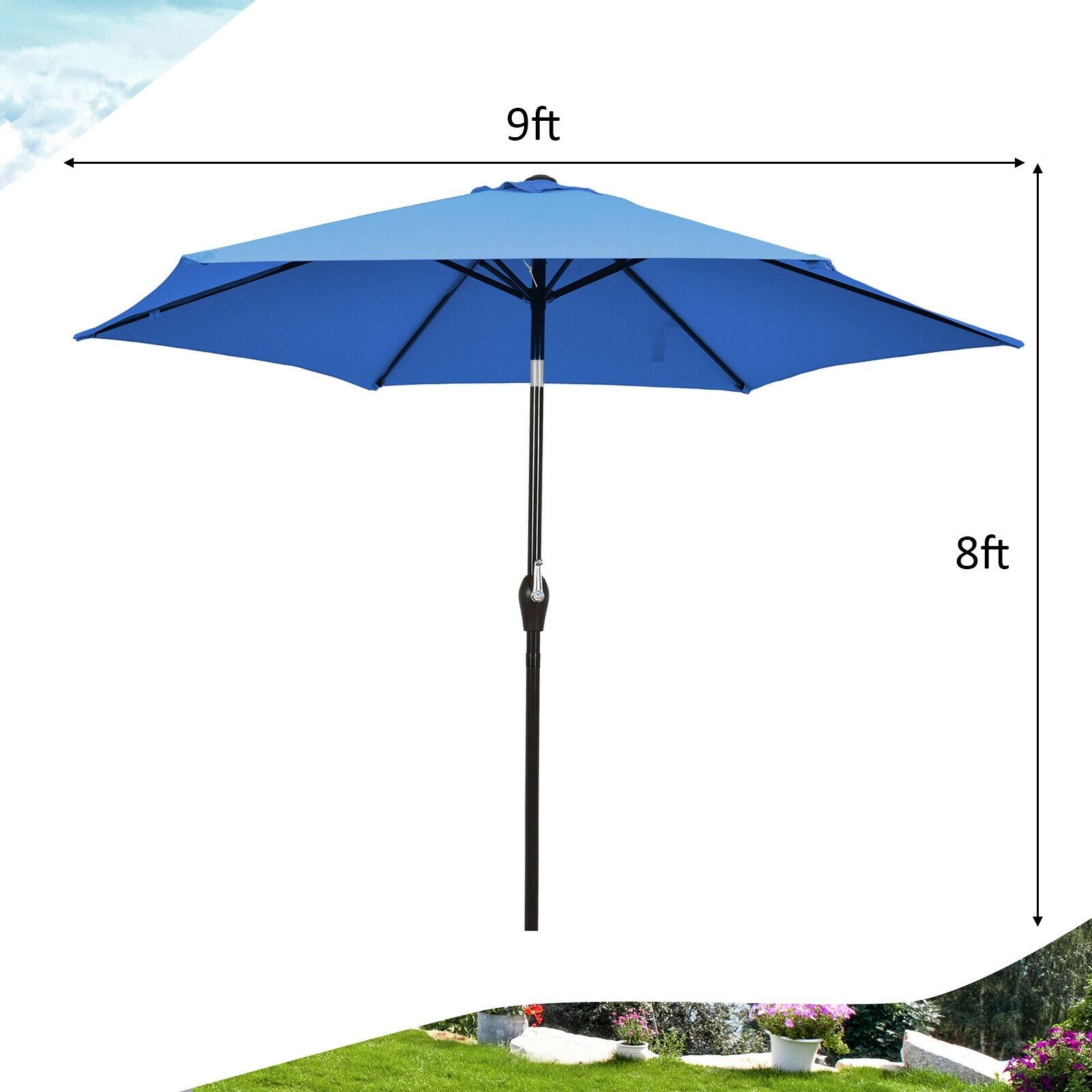 SUGIFT 9-ft Blue Market Table Patio Umbrella with Push Button Tilt Crank Lift 8 Ribs and 1.5-in Iron Pole
