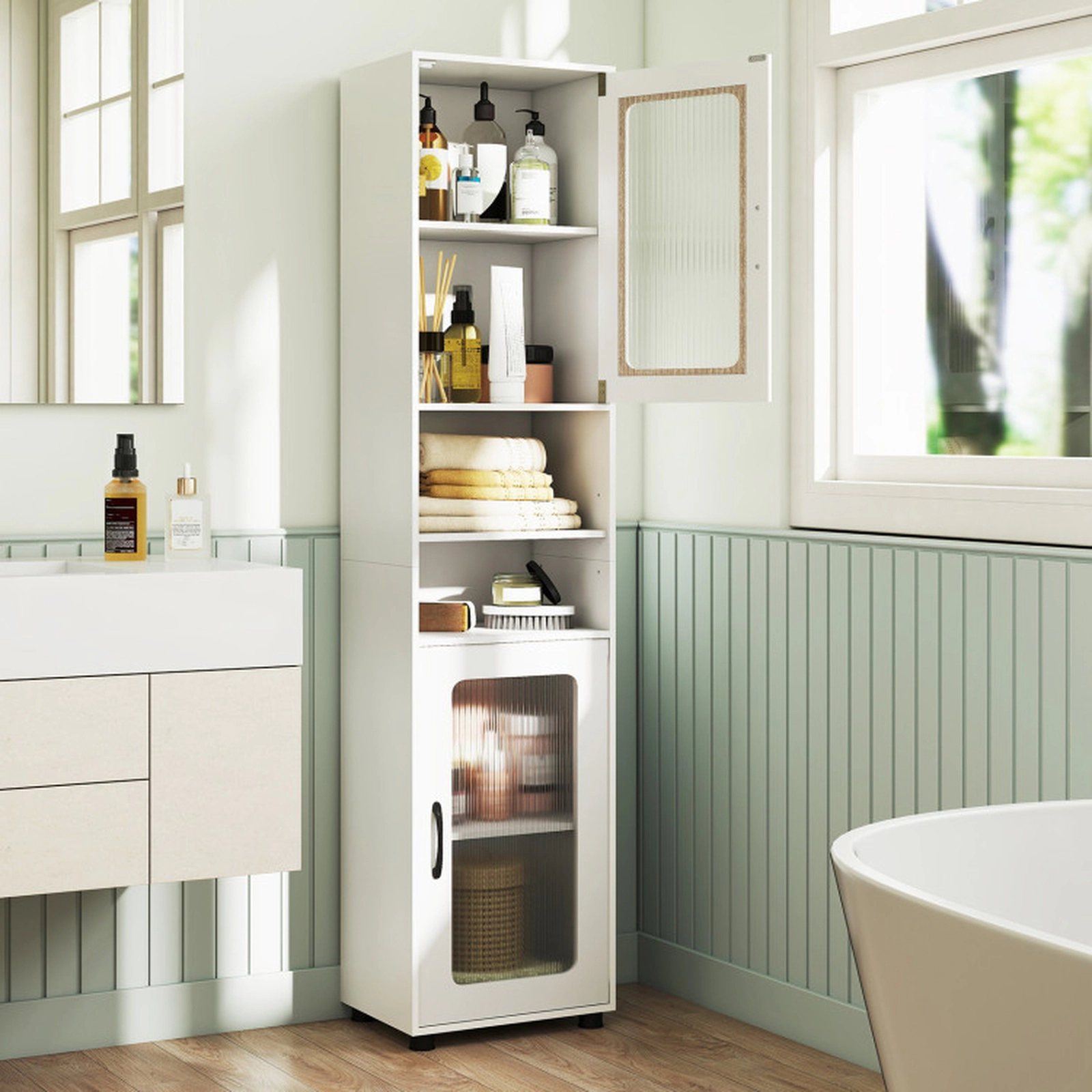 SUGIFT White 155-lb Capacity 67-in Tall Freestanding Bathroom Storage Cabinet with Fluted Doors and Open Shelves