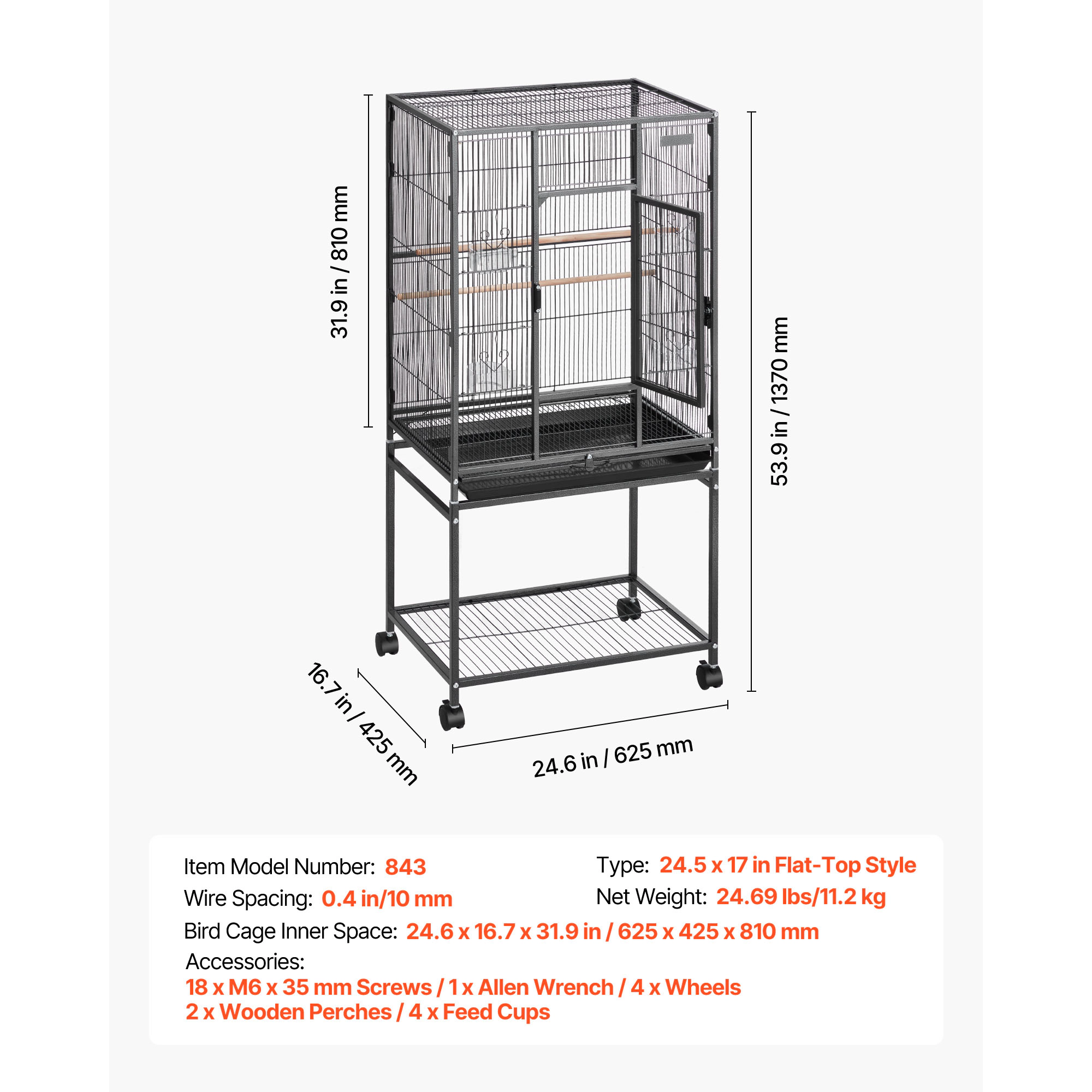 HONGGE Wrought Iron Flat-Top Bird Flight Cage with Casters, 24.6 x 16.7 x 53.9 in, Holds 3-4 Small-Medium Birds