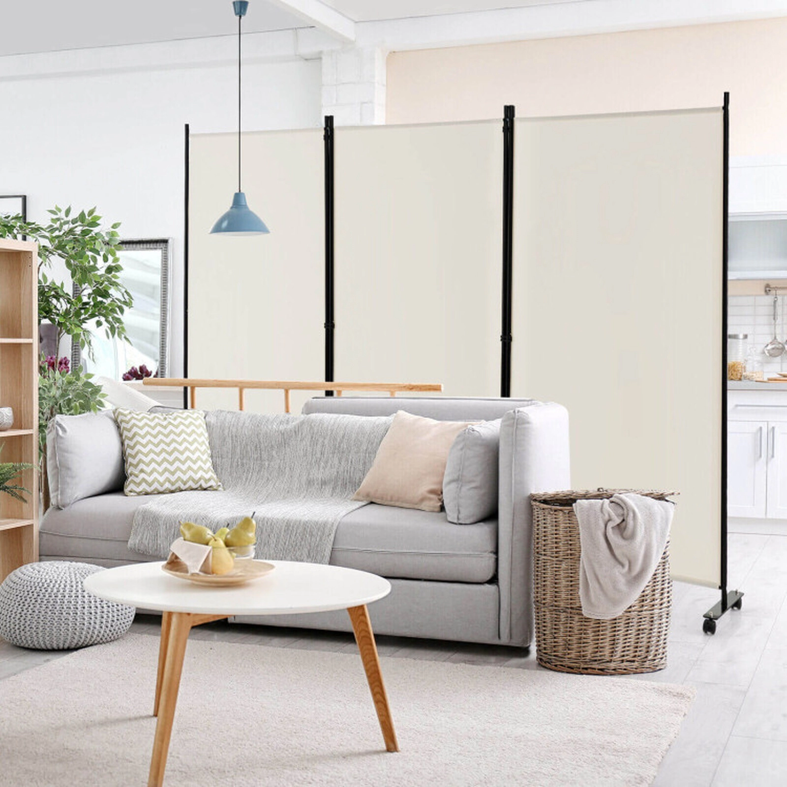 SUGIFT White 3-Panel 103-in Wide 71-in Tall Folding Room Divider and Privacy Screen with Lockable Wheels