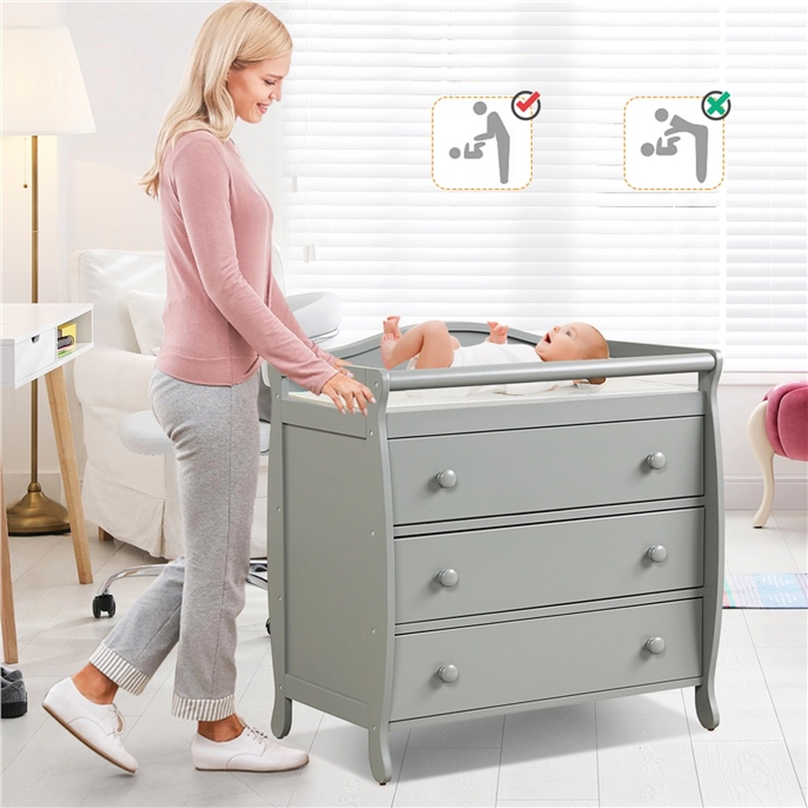 SUGIFT Baby Changing Table with 3 Drawers Safety Belt and Solid Wood Legs