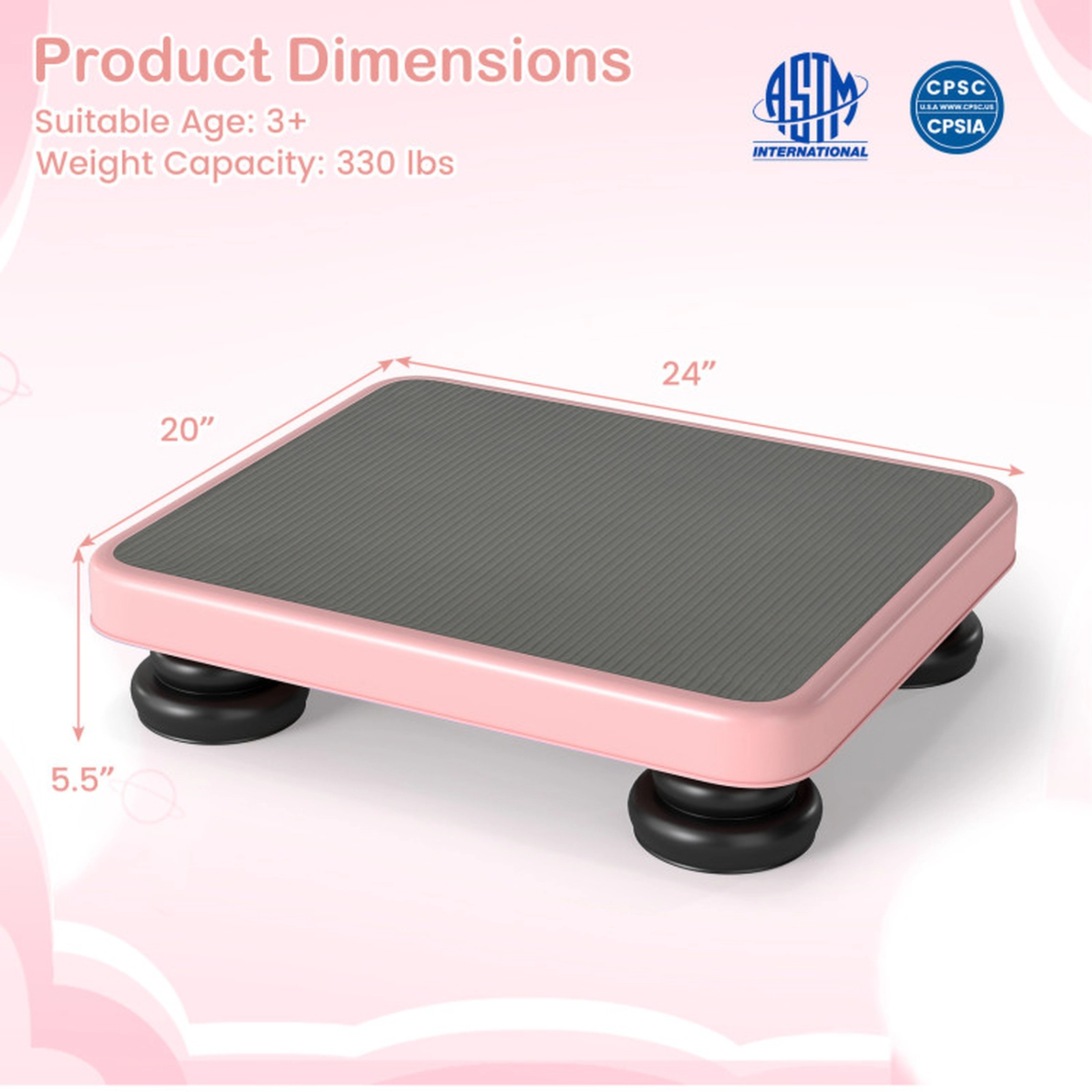 SUGIFT 24 x 20 in Kids Rebounder Bouncing Board Elastic Rope 330-lb Capacity Ages 3+ Pink PP EVA PU Exercise Platform
