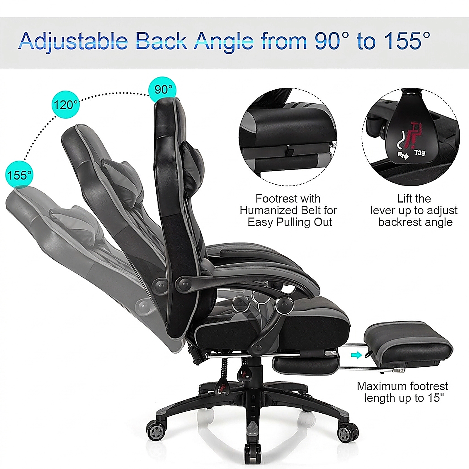 SUGIFT Adjustable Gaming Chair with Retractable Footrest Headrest and Waist Pillow