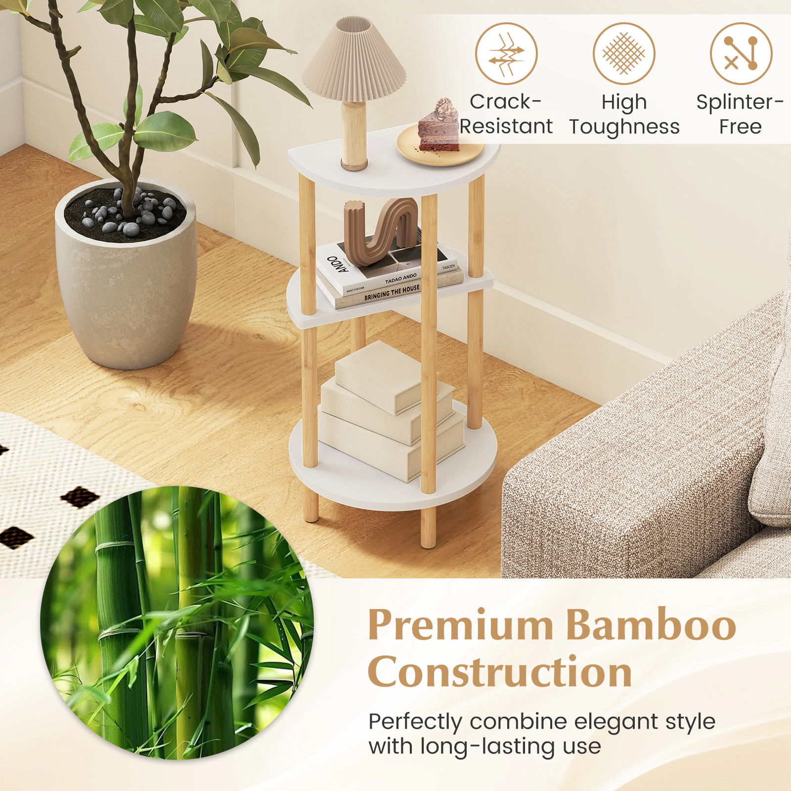 SUGIFT Set of 2 Round 3-Tier Bamboo Side Tables, 24 in H, Bedroom Storage Shelves