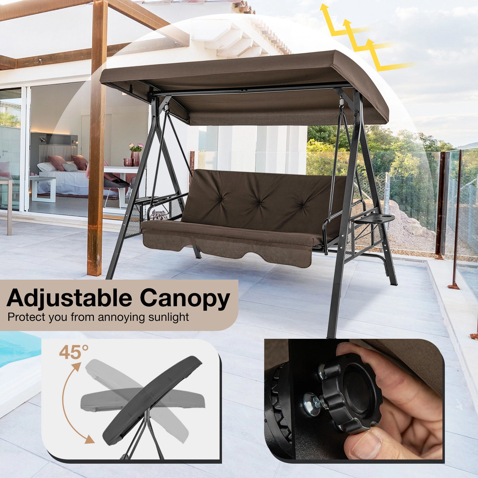 SUGIFT Convertible 3-Seat Patio Porch Swing Chair to Flat Bed with Adjustable Canopy 1000-lb Capacity Brown
