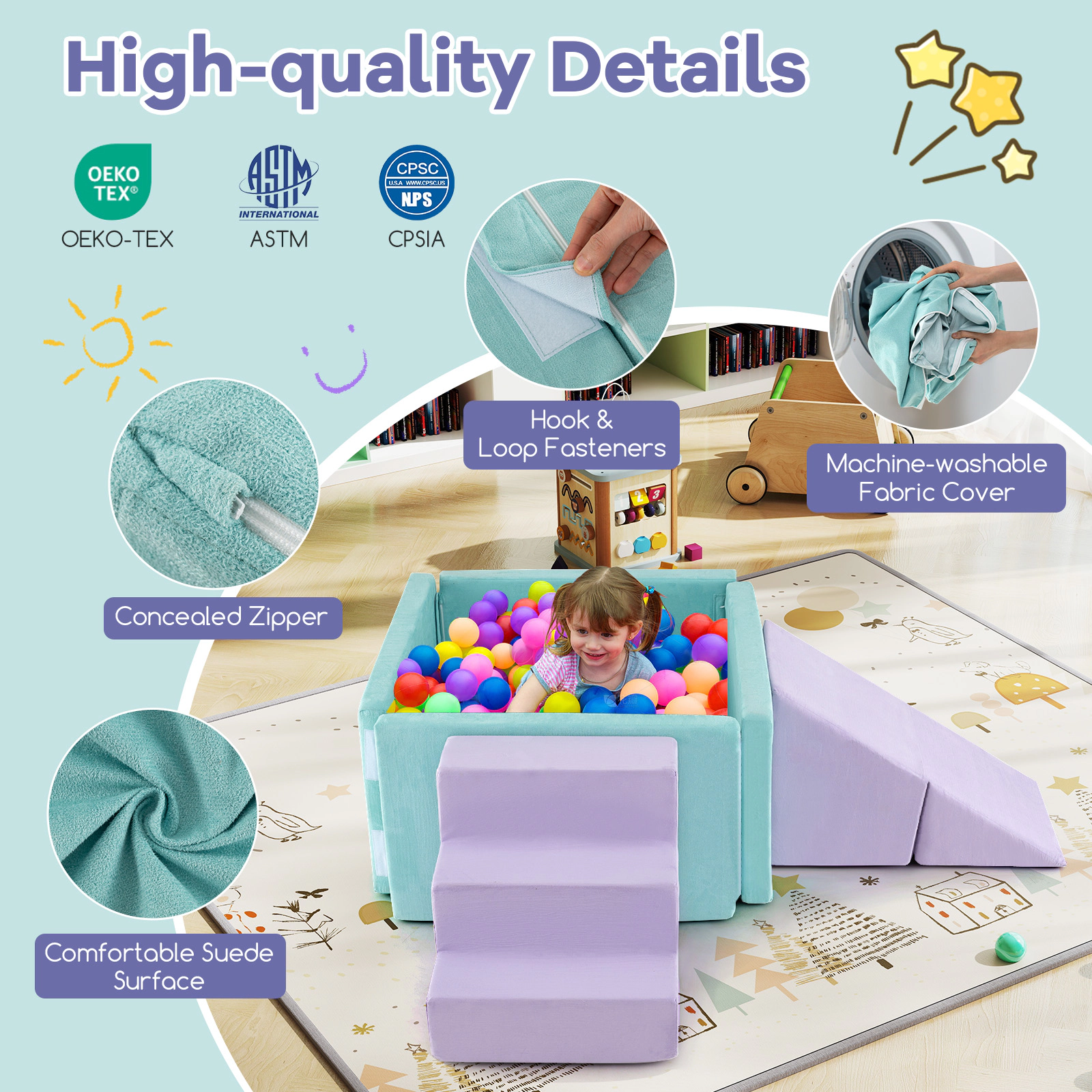 3-in-1 Toddler Soft Play Set 37-in Foam Ball Pit Triangle Climber and Step Block Washable Suede Covers Ages 3+ Purple