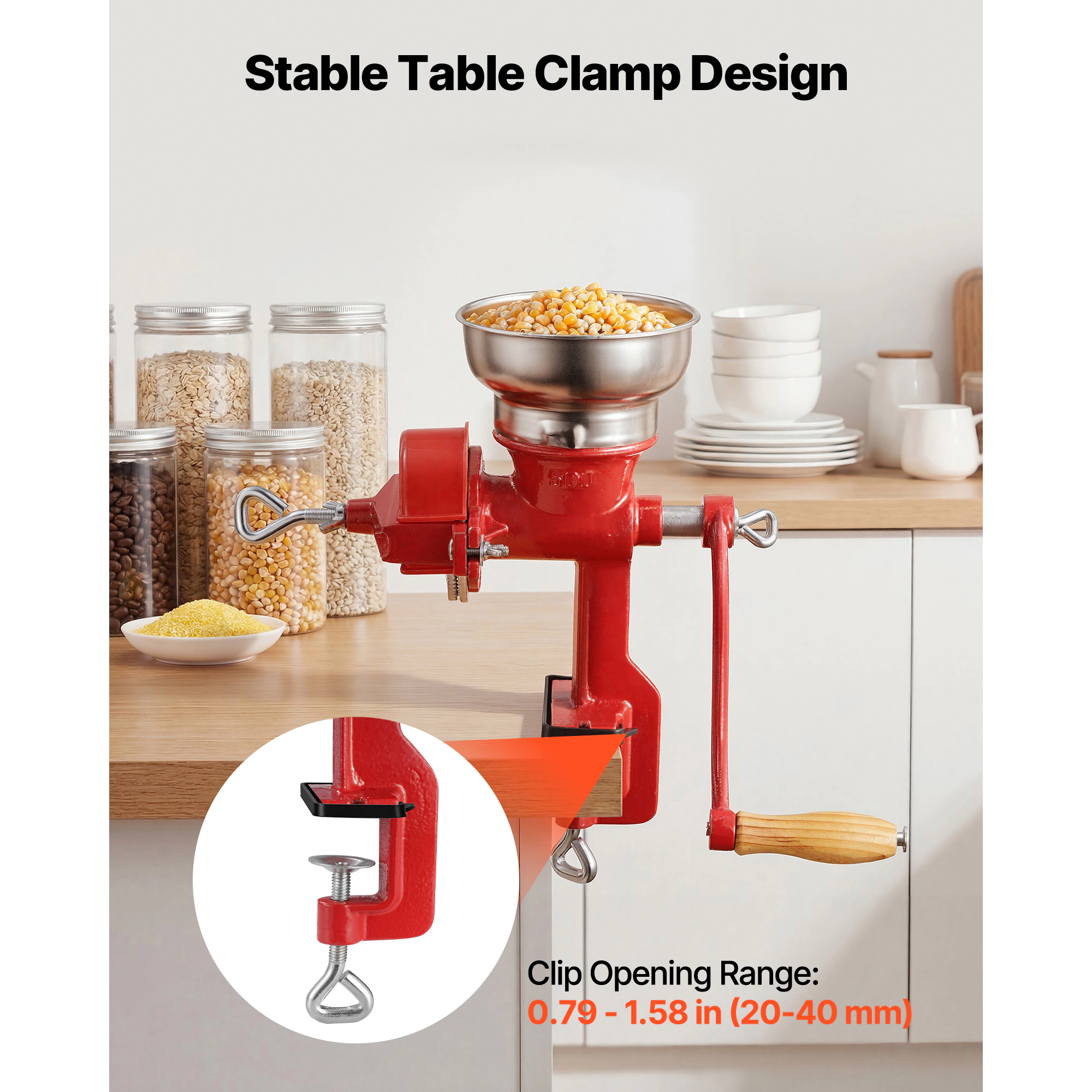 HONGGE Manual Grain Mill with Hopper, Hand-Crank Corn Grinder, Heavy Duty Cast Iron Wheat Grinding