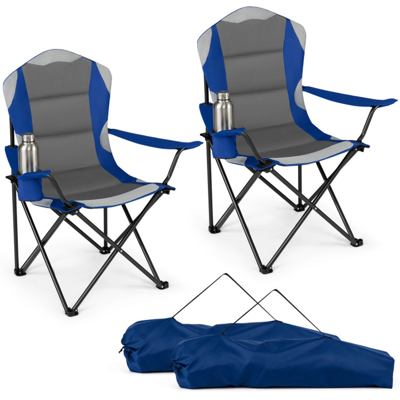SUGIFT 2 Pieces Folding Camping Chairs for Adults with Cup Holders 330-lb Capacity 36.5-in Tall Navy Blue and Gray