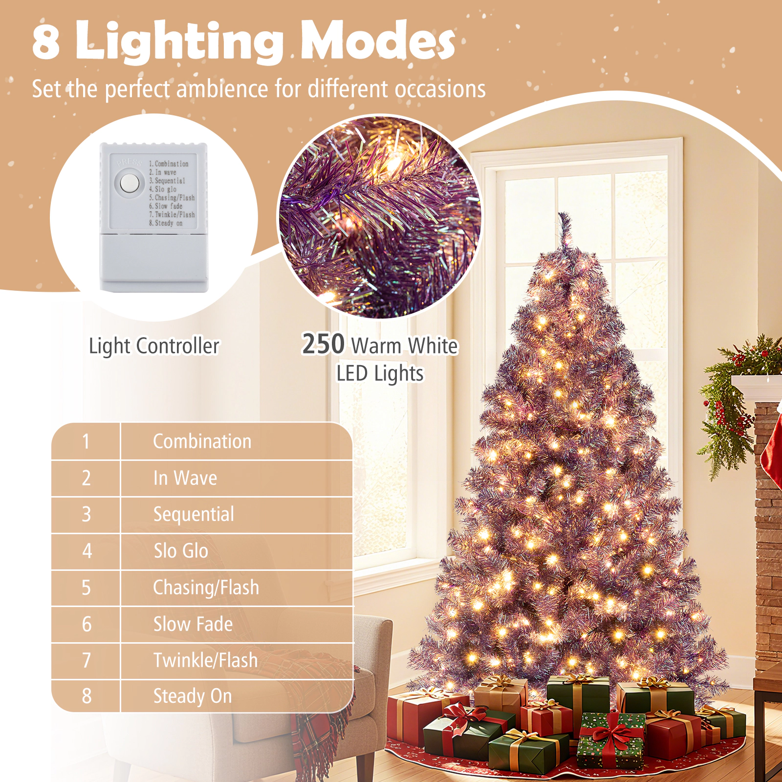 SUGIFT 6-ft Deep Purple Tinsel Pre-Lit Christmas Tree with 250 LED Lights 8 Modes 688 Tips and Folding Base