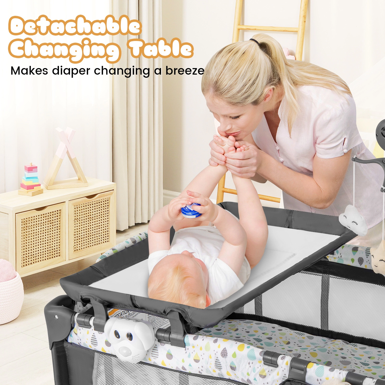 SUGIFT Baby 3-in-1 Bassinet Changing Table Carry Bag Portable Playard 40-in x 28.5-in x 29-in 33-lb Capacity Beige