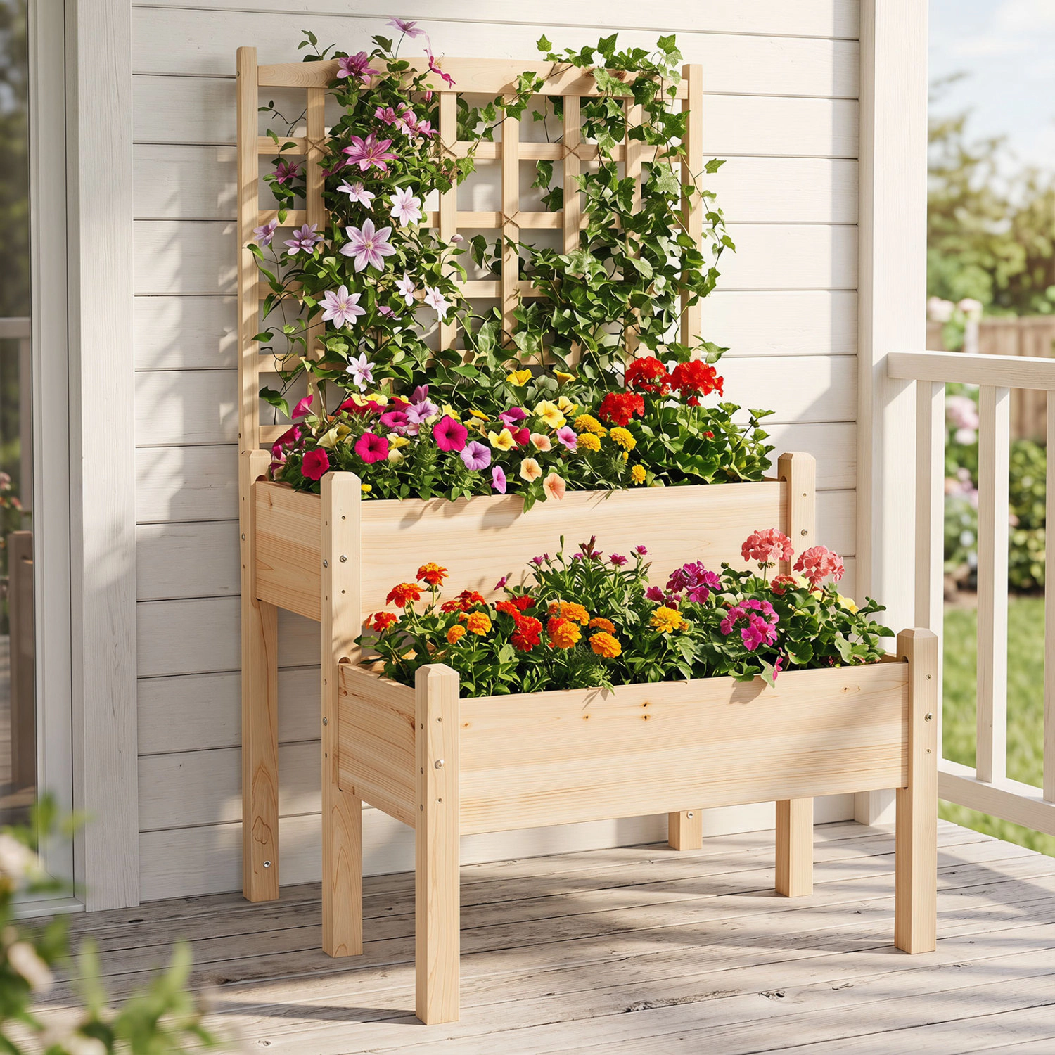 LJG Raised Garden Bed with Trellis 2-Tier for Outdoor Climbing Plants