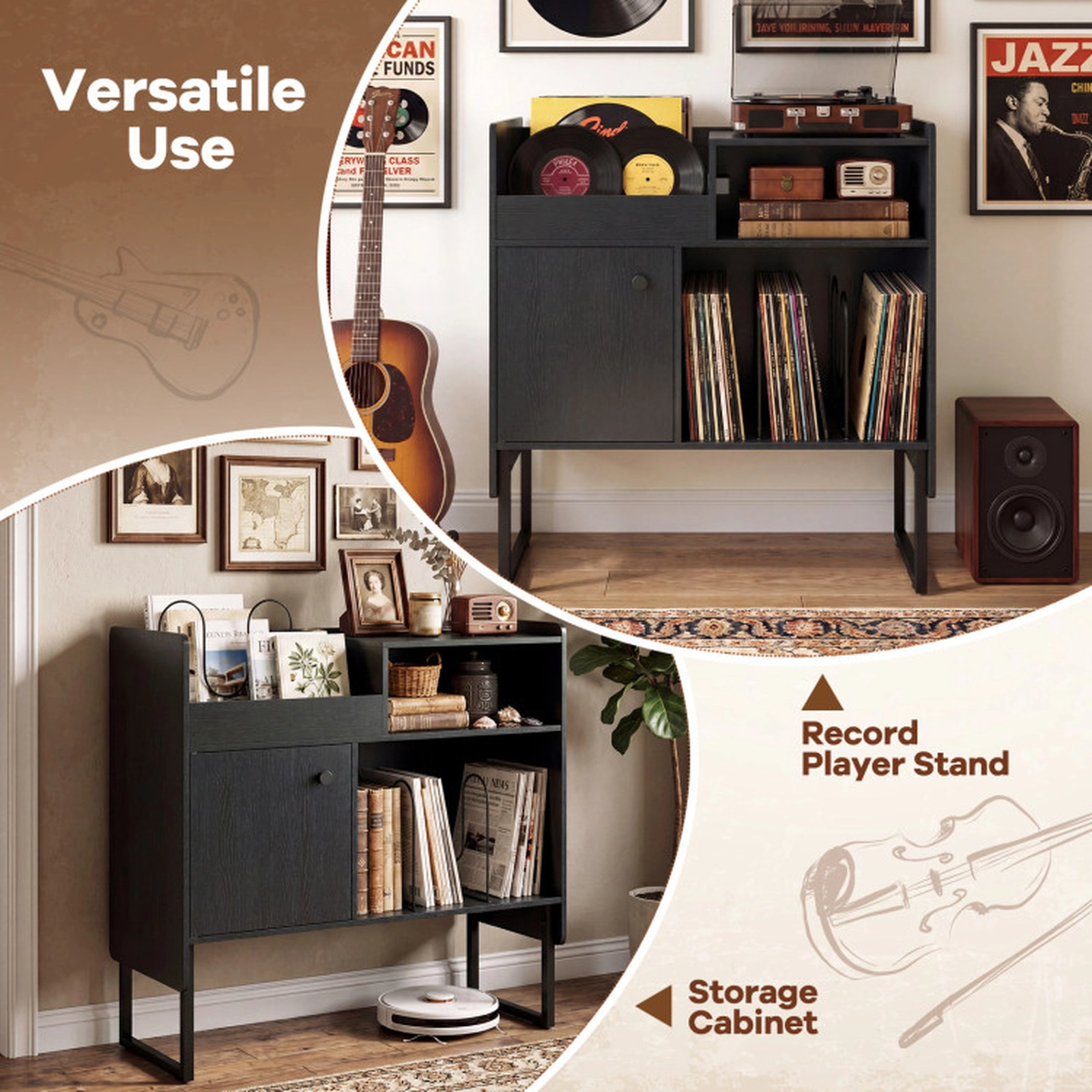SUGIFT Record Player Stand with Power Outlets & Vinyl Storage Holder up to 250 Albums 400-lb Total Capacity Black/White