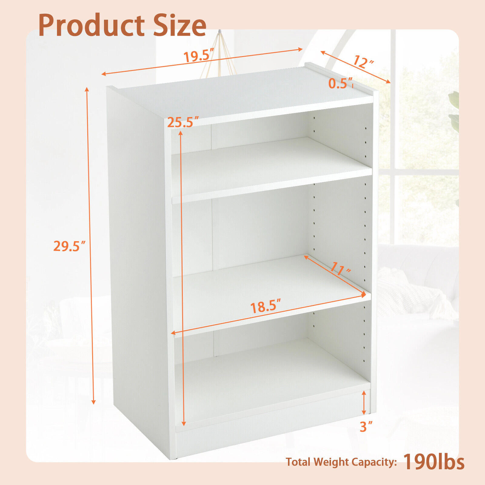 SUGIFT White 3-Tier Bookcase Open Display Rack with 18-Position Adjustable Shelves