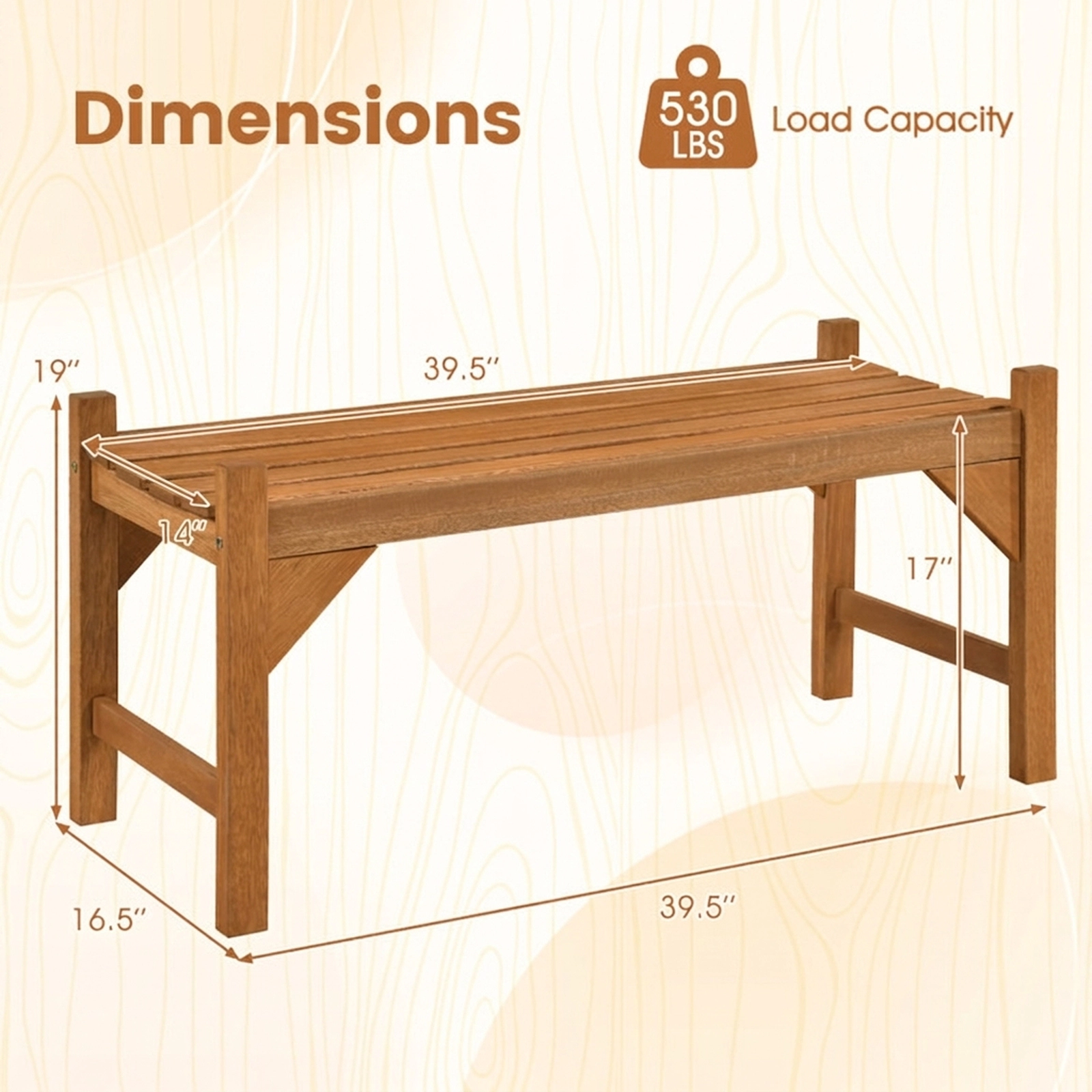 SUGIFT Solid Hardwood Outdoor Bench with Slatted Contoured Seat 530-Lb Capacity Natural