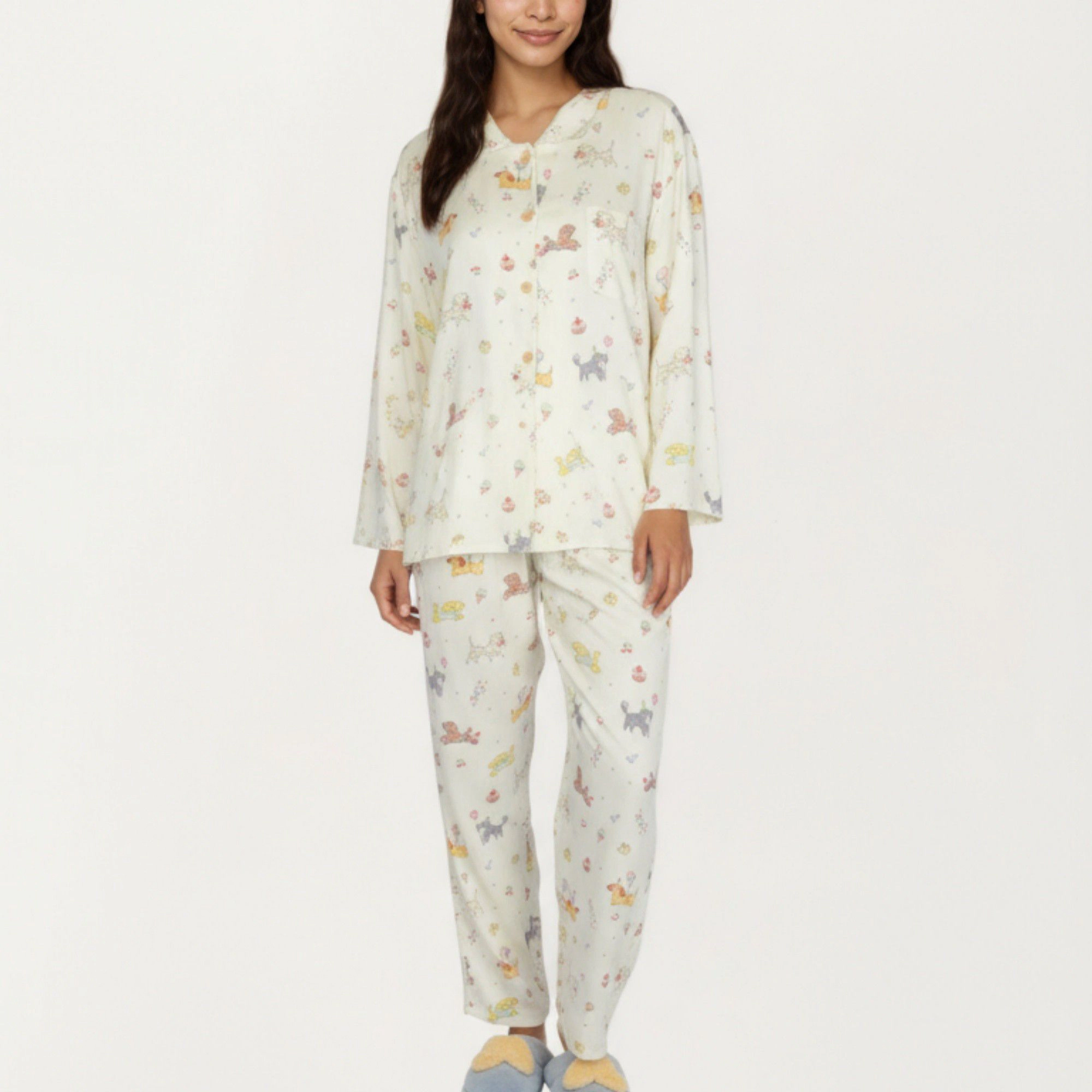 Anna-Kaci Women's 2-Piece Dog Print Button Up Long Sleeve Pajama Top and Matching Pants
