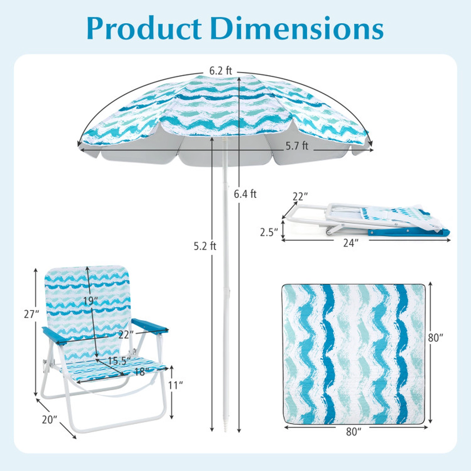 SUGIFT Blue 2 Folding Chairs and 80-in Picnic Blanket 4-Piece Beach Umbrella Set