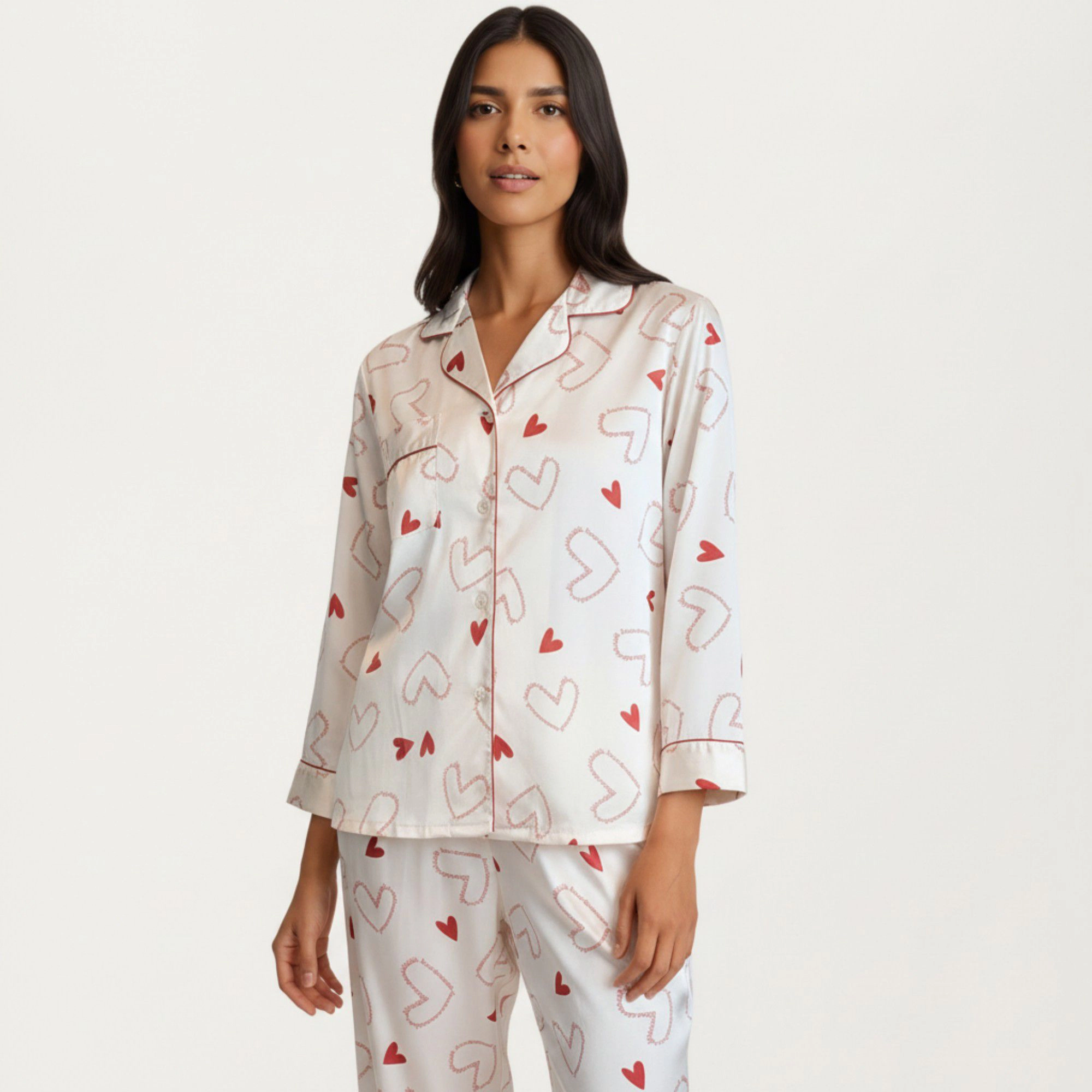 Anna-Kaci Women's 2-Piece Valentine Heart Print Satin Button Front Pajama Top Contrast Piping and Relaxed Fit Pants