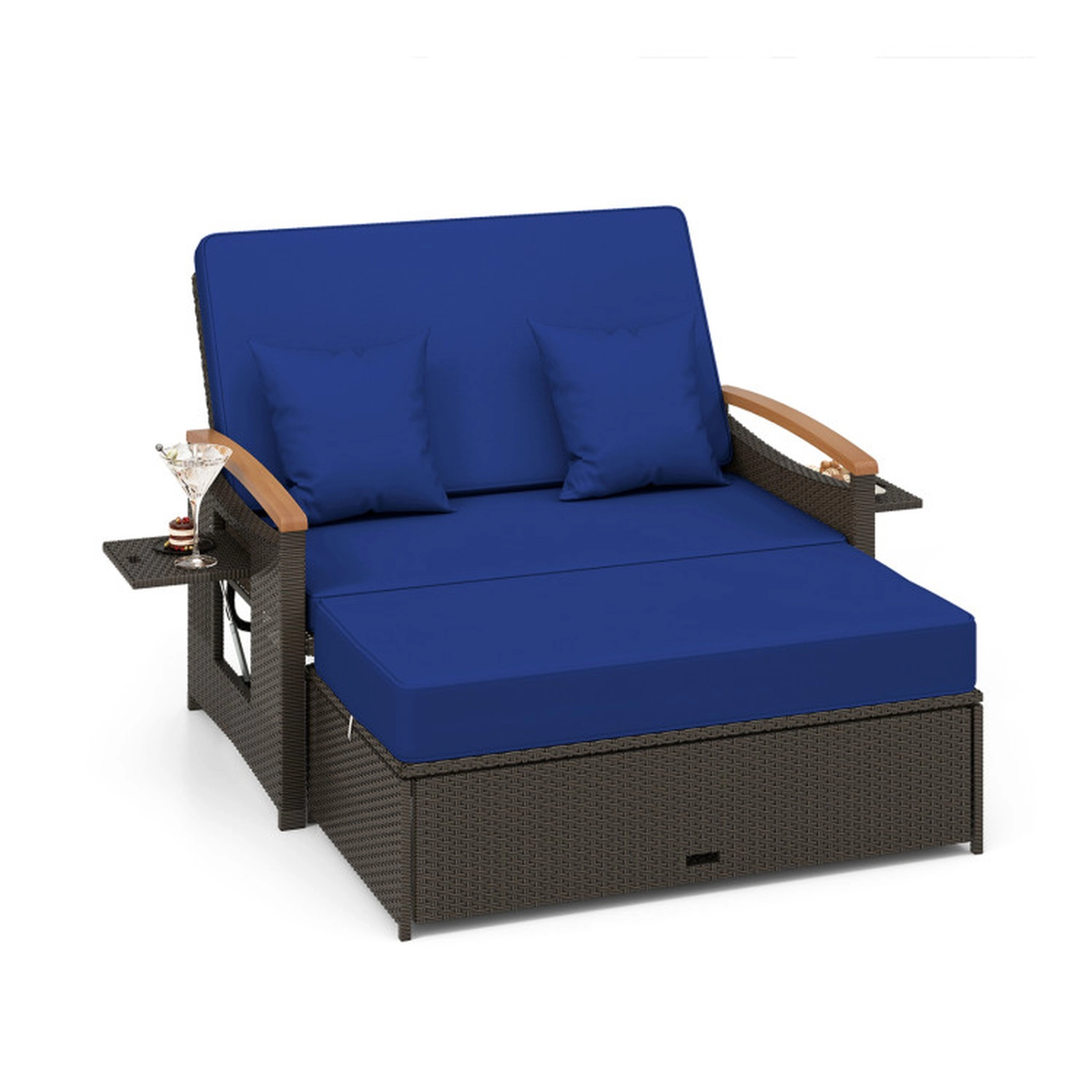 SUGIFT 4-in-1 Outdoor Wicker Chaise Lounge Daybed Loveseat with Folding Panels and Storage Ottoman 800-lb Capacity Navy