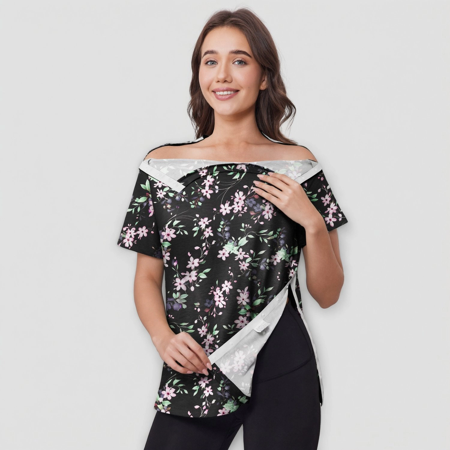 Pinspark Womens Solid Short Sleeve Off Shoulder Snap Button Nursing Maternity Tunics