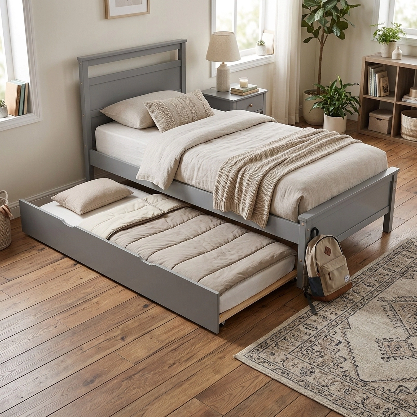 SUGIFT Twin Wooden Platform Bed with Pull-Out Trundle, Gray