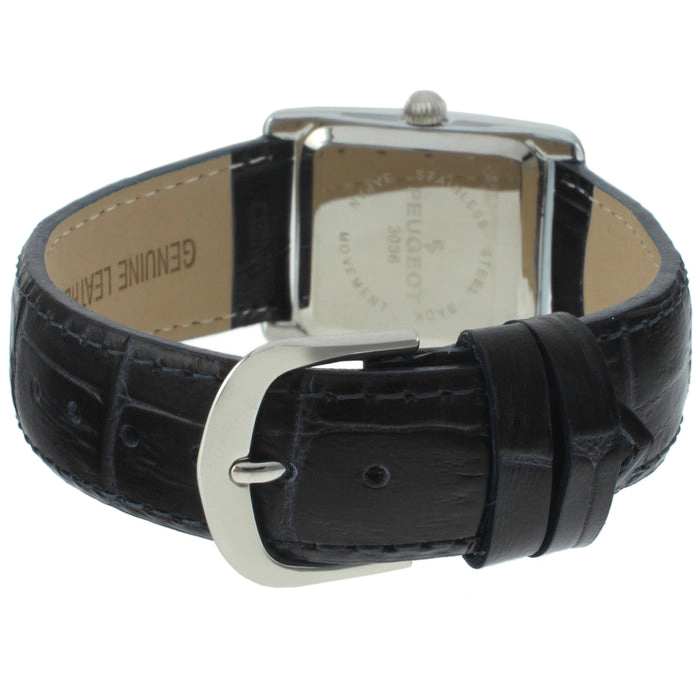 Peugeot Women's Tank Watch Roman Dial Silver Case with Black Leather Strap