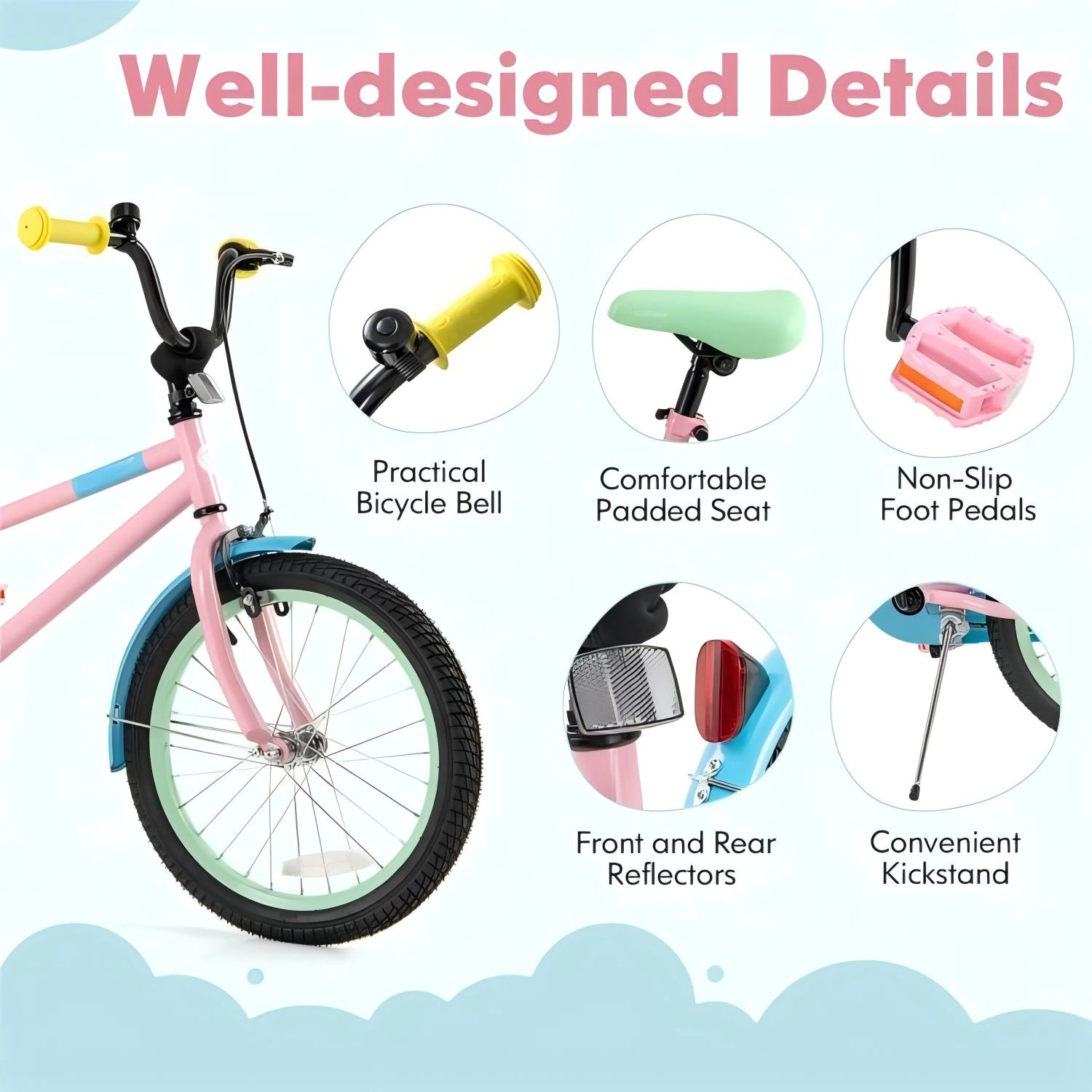 SUGIFT Adjustable Handlebar and Saddle Kids Bicycle 145-lb Capacity Ages 4-8 49.5-in Frame Pink Blue Green Yellow