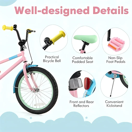 SUGIFT Adjustable Handlebar and Saddle Kids Bicycle 145-lb Capacity Ages 4-8 49.5-in Frame Pink Blue Green Yellow
