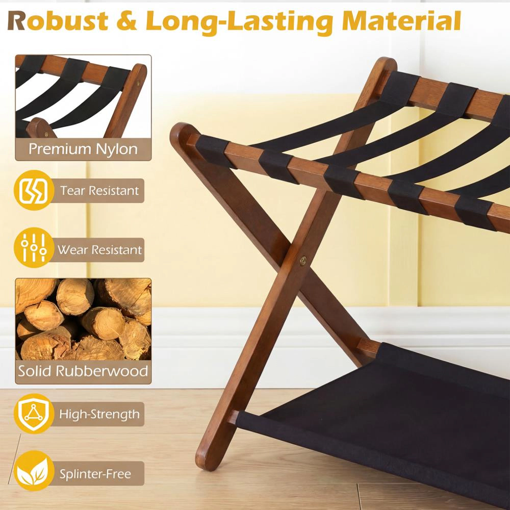 Hivvago Solid Rubberwood Folding Luggage Rack with Nylon Shelves