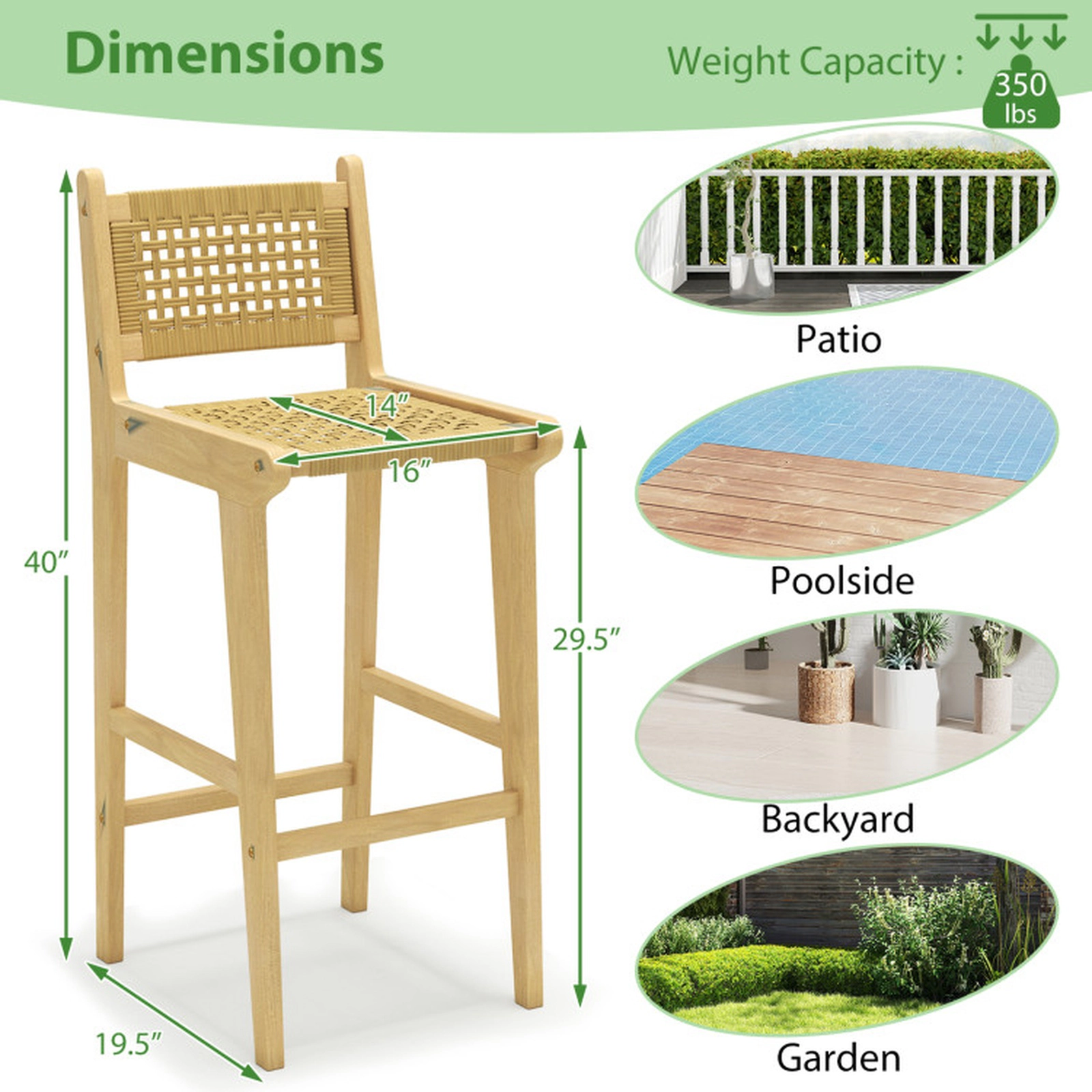 SUGIFT 29.5-in Bar Height Teak Patio Bar Stool, Woven Rattan, Foot Rail, 350-lb Capacity