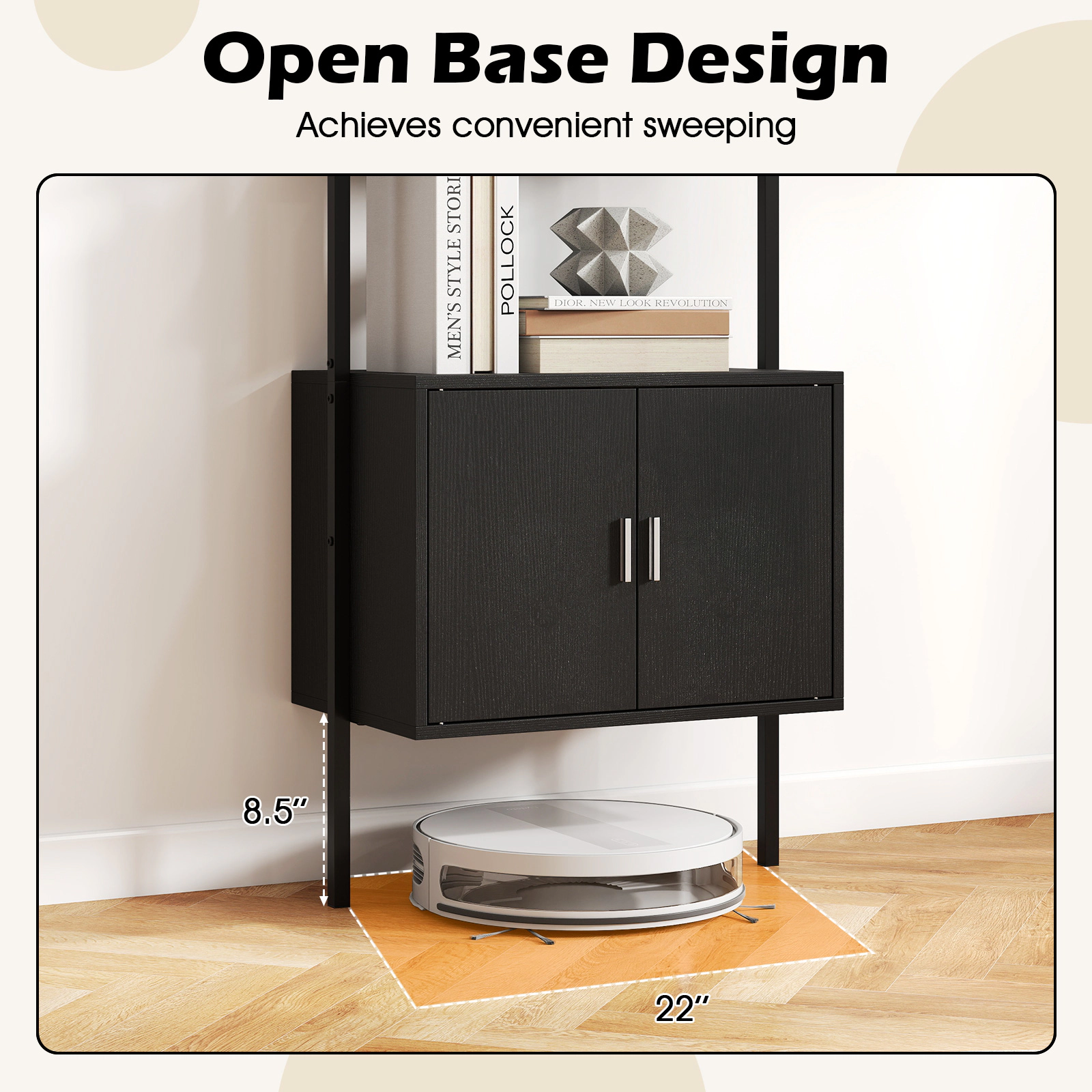 SUGIFT 5-Tier Black 72.5-in Tall Metal Frame Bookshelf with Cabinet Magnetic Doors and Anti-Tipping Kits
