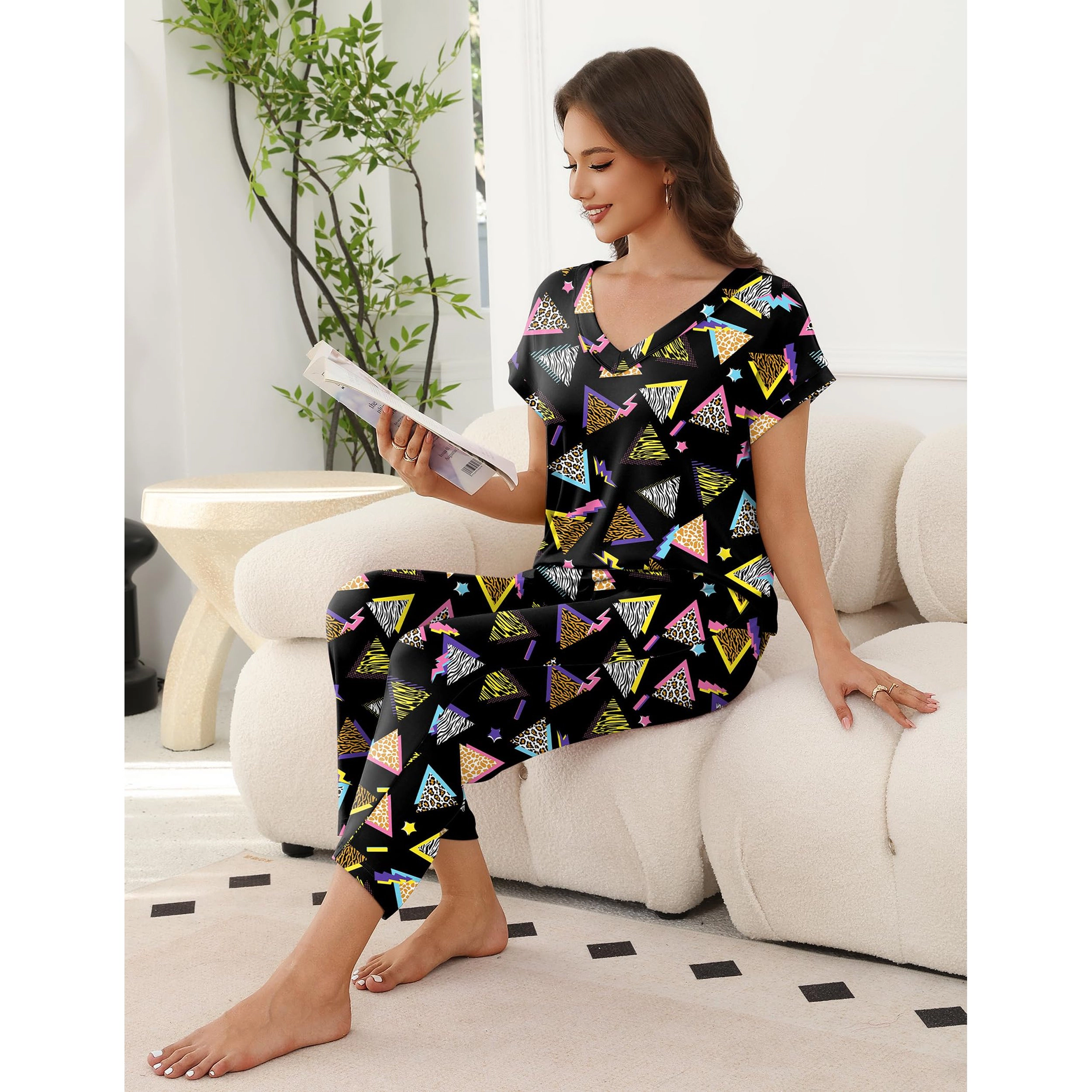 Ekouaer Women's V Neck Short Sleeve Top and Wide Leg Pants Pajama Set