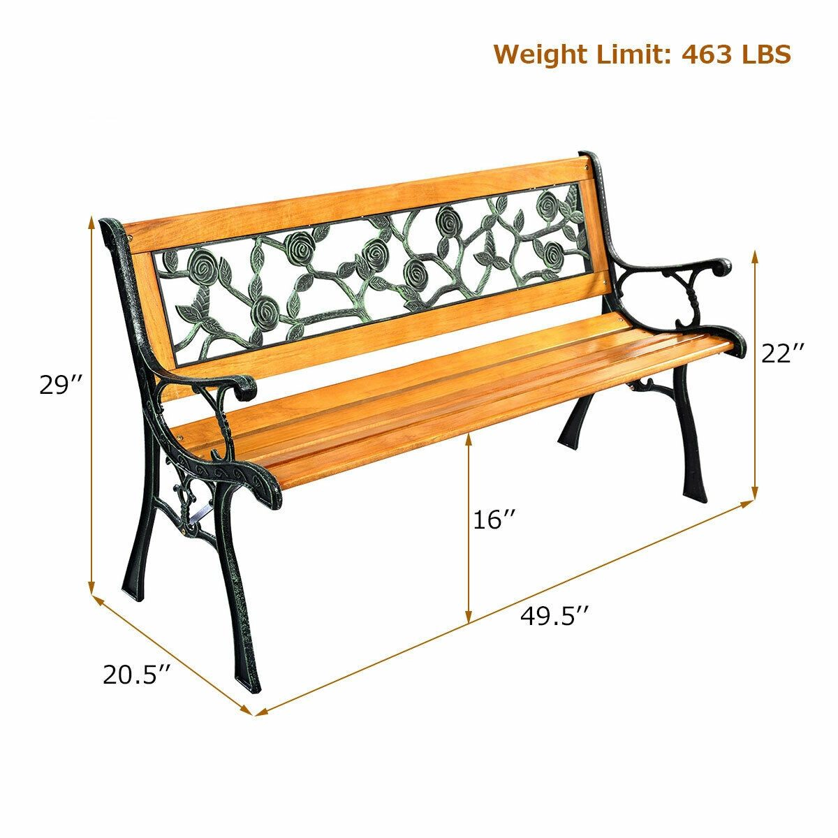 SlickBlue 3 Person Outdoor Bench with Cast Iron Frame and Wood Slat Seat