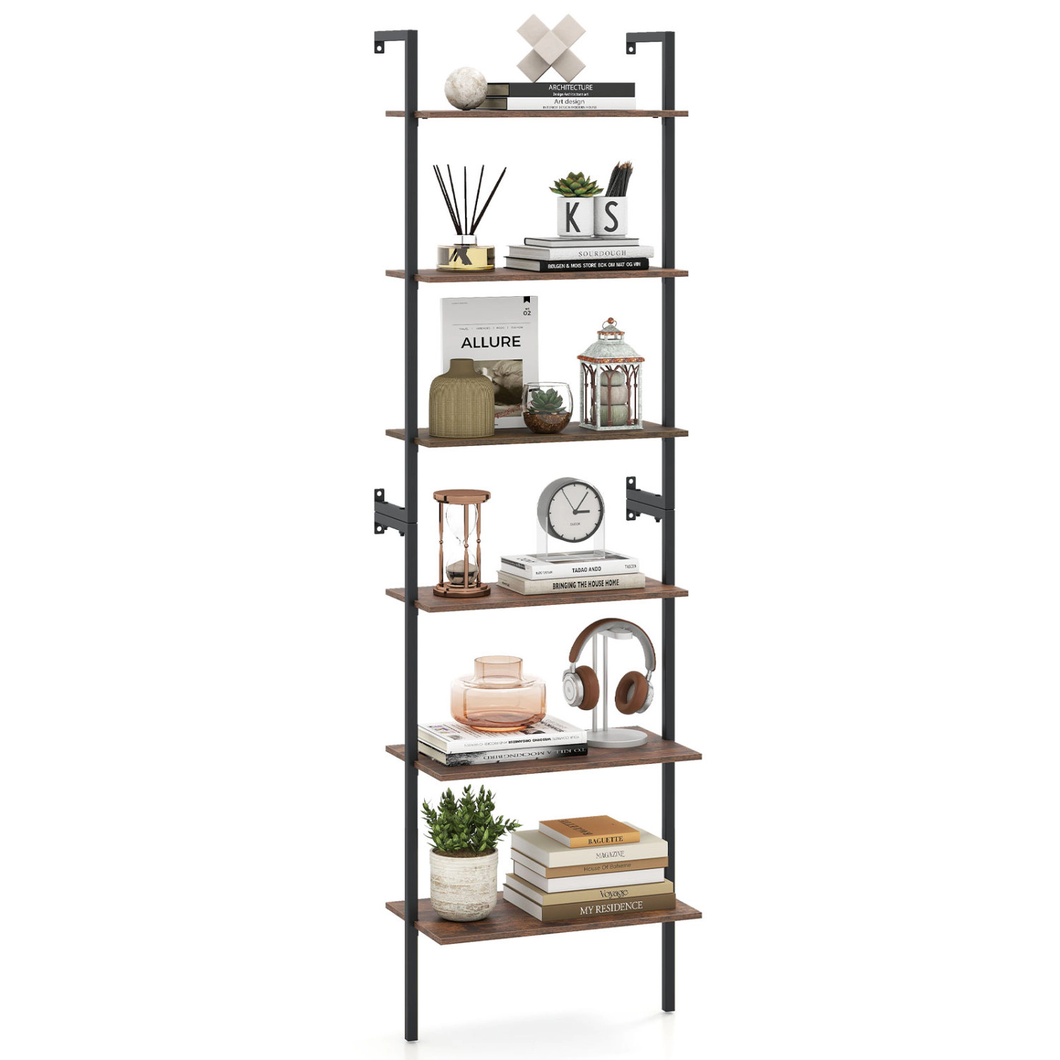 LJG 6-Tier Freestanding Ladder Storage Bookshelf with Metal Frame for Study and Pantry