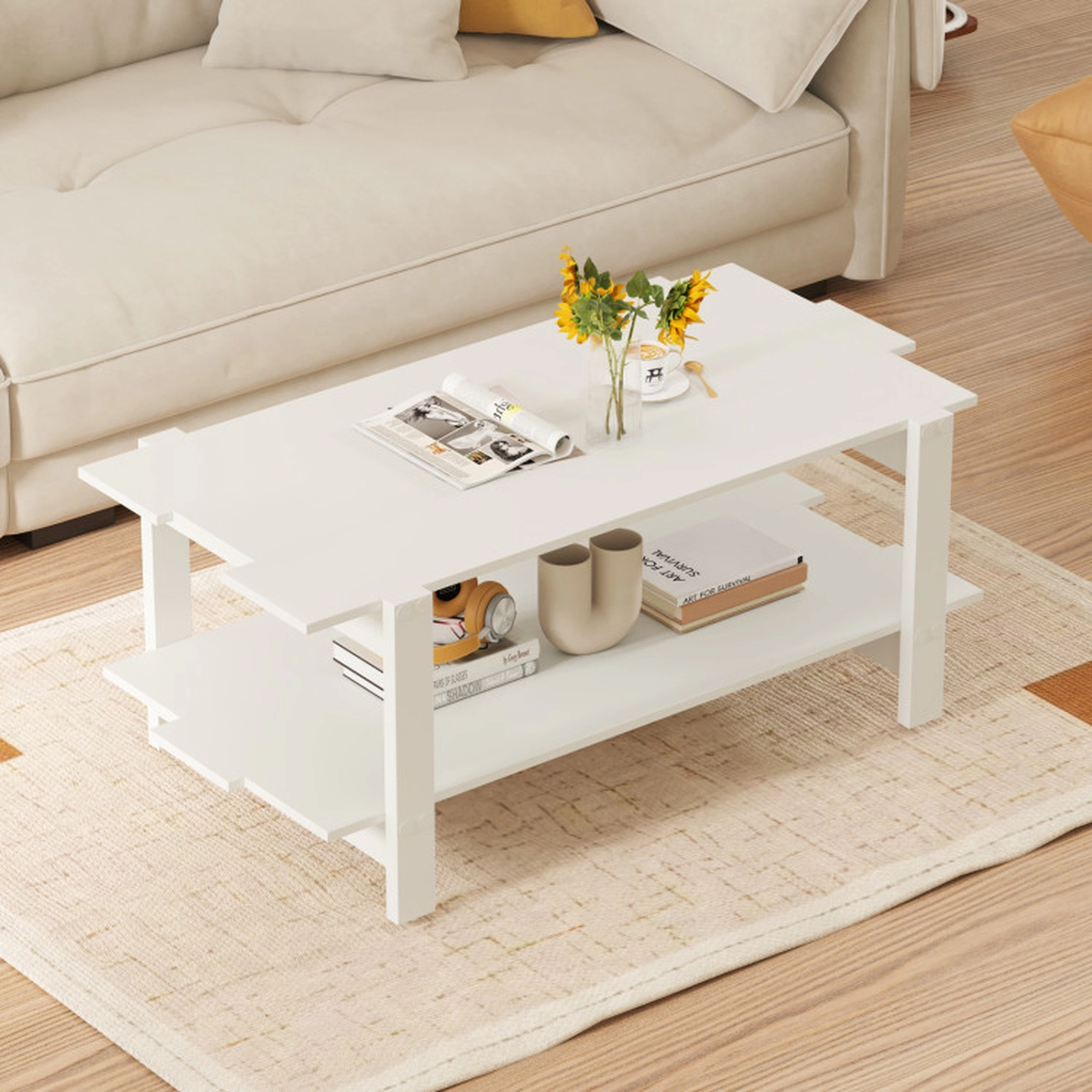 SUGIFT 2-Tier Slatted Top Open Shelf Engineered Wood Coffee Table 45-in x 23.5-in x 18.5-in 135-lb Capacity White