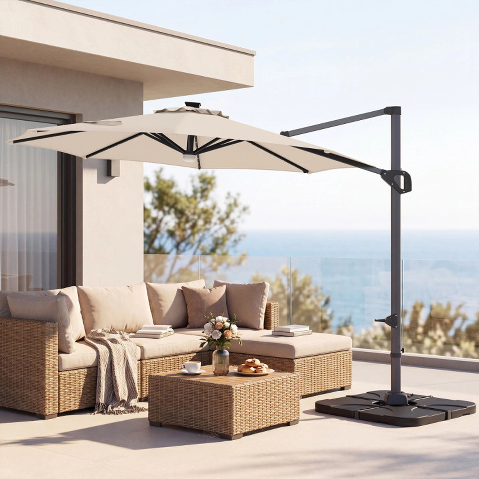 SUGIFT 35 Solar LED Lights and 220 LB Base 10 FT Square Cantilever Patio Umbrella