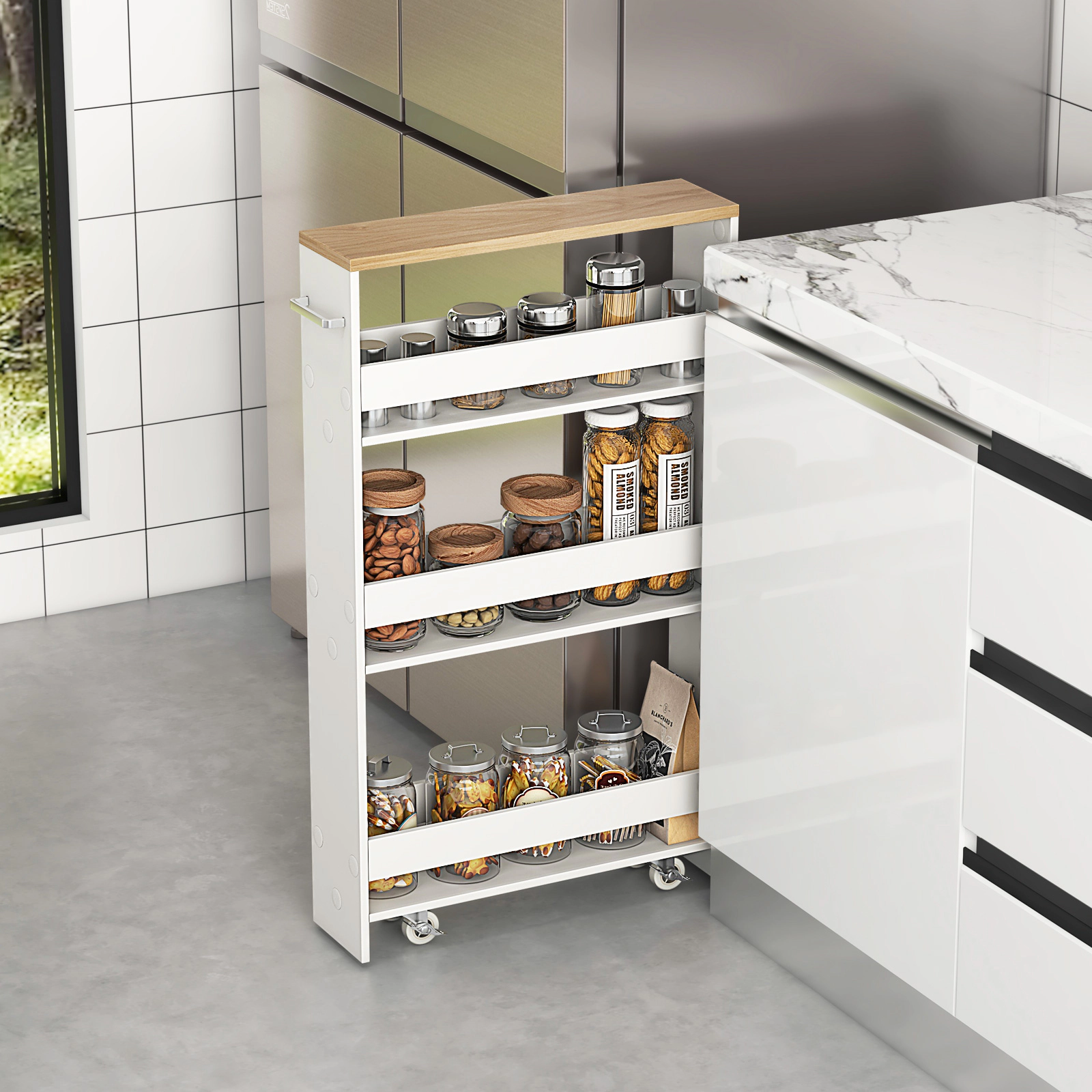 SUGIFT White 5-in Slim Narrow Rolling Bathroom Storage Cart Mobile Organizer Shelf for Laundry Kitchen
