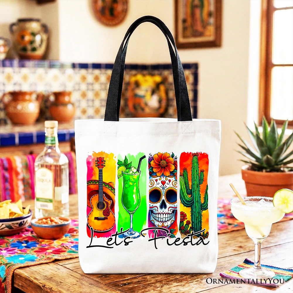 OrnamentallyYou Unisex Cinco De Mayo "Let's Fiesta" Guitar Margarita Skull Cactus Tote Bag