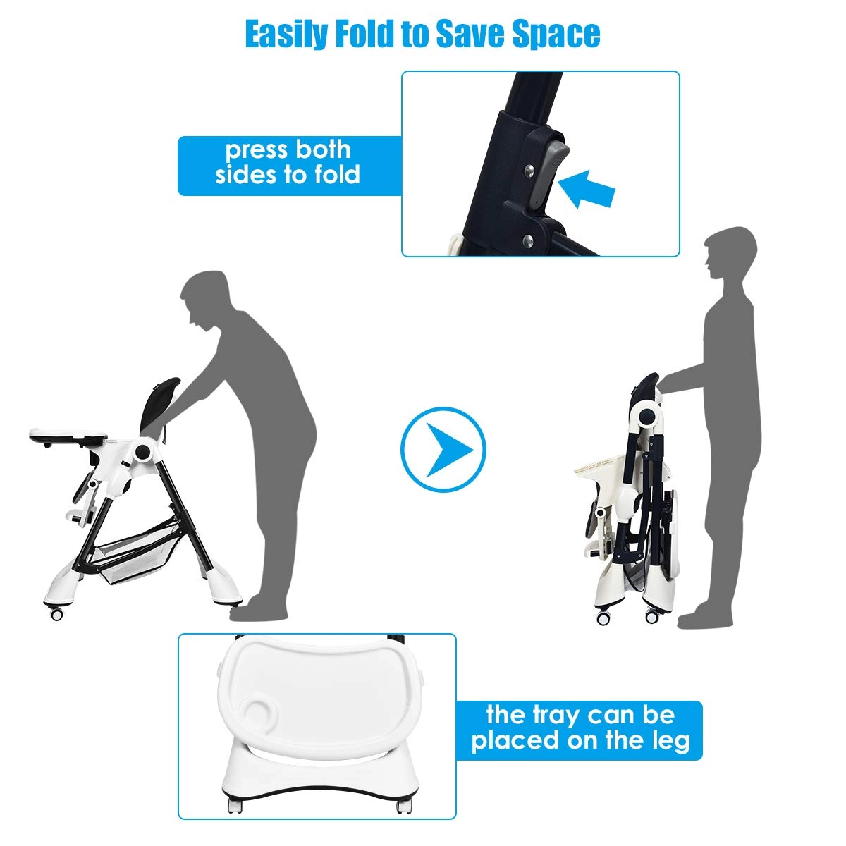 SUGIFT Foldable A-Shaped High Chair with 4 Lockable Wheels 50-lb Capacity Ages 0-36 Months 20.5-in Tray Black