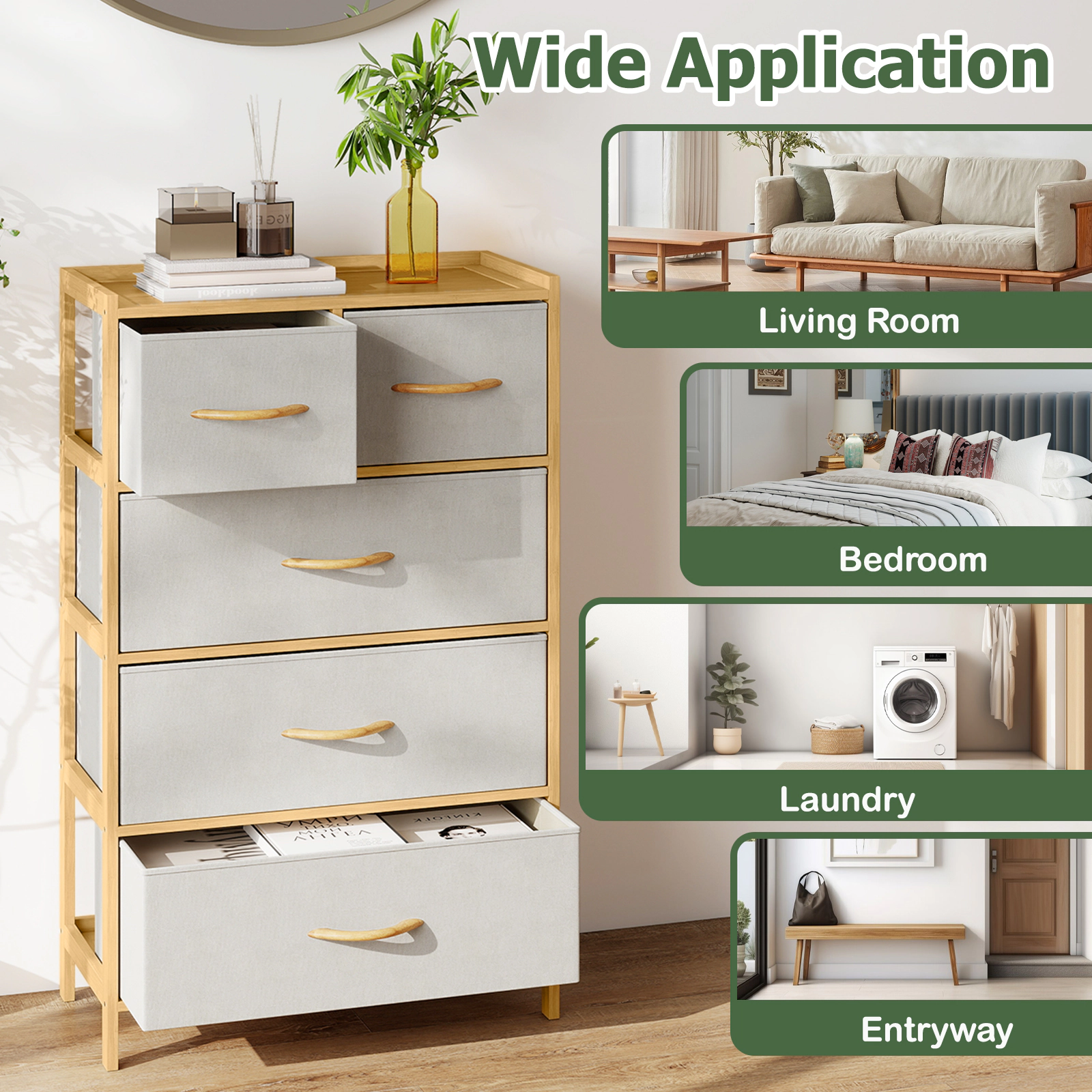 Glintex 5-Drawer Bamboo Dresser with Raised-Edge Top and Beech Handles, Natural