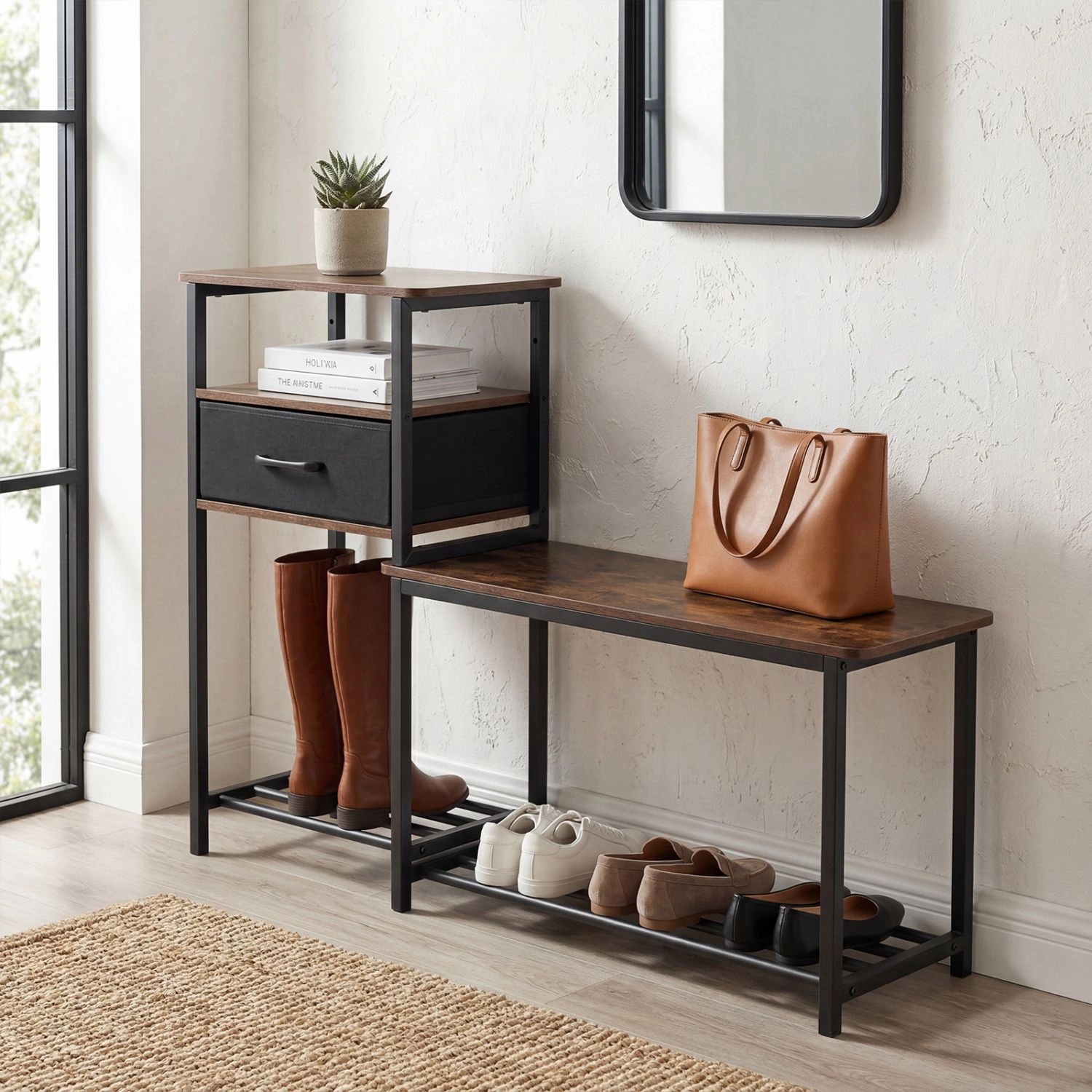 SlickBlue Industrial Shoe Rack Bench with Storage Drawer and Shelves