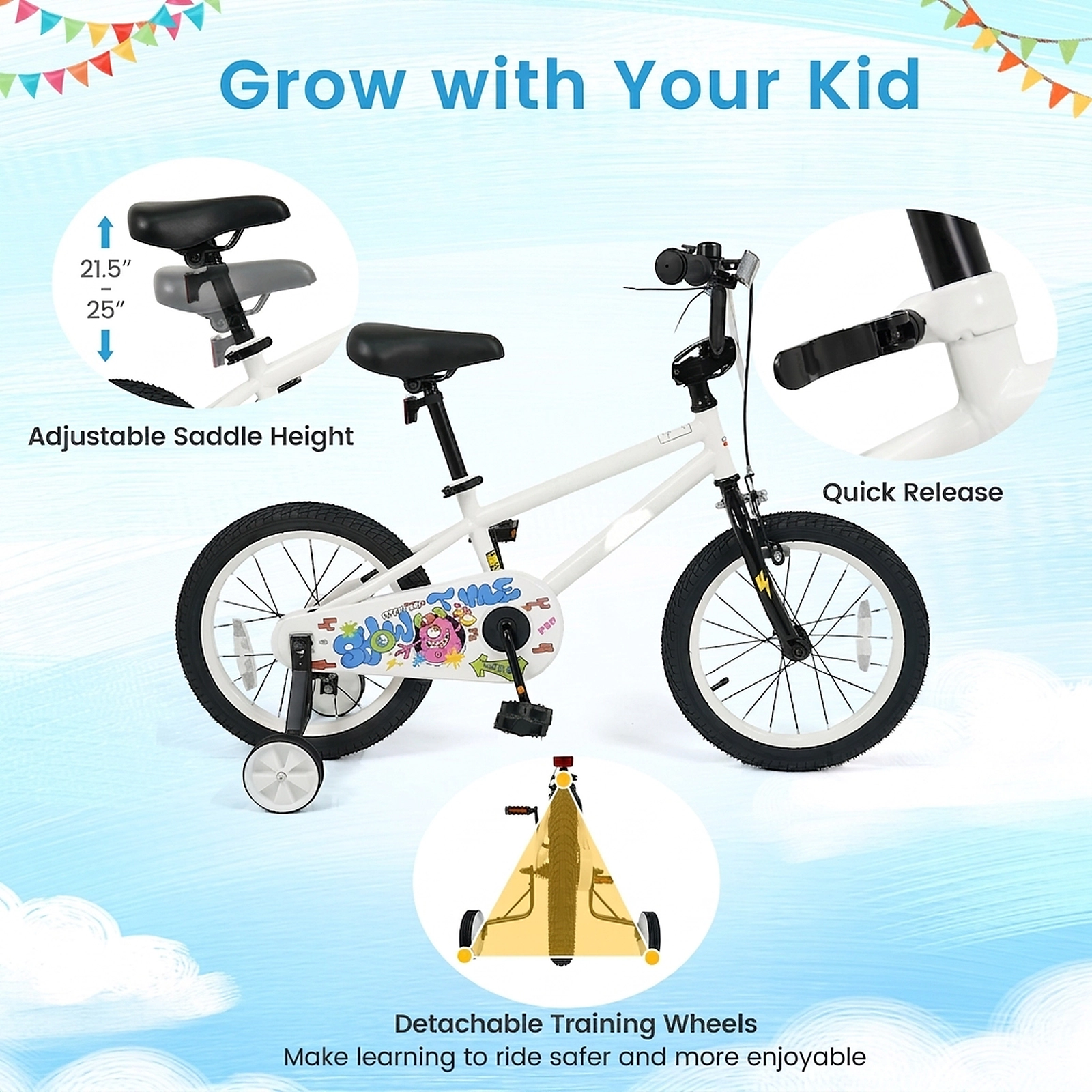 SUGIFT 16-Inch Kids Bike with Training Wheels 110-lb Capacity Ages 4-7 Years White