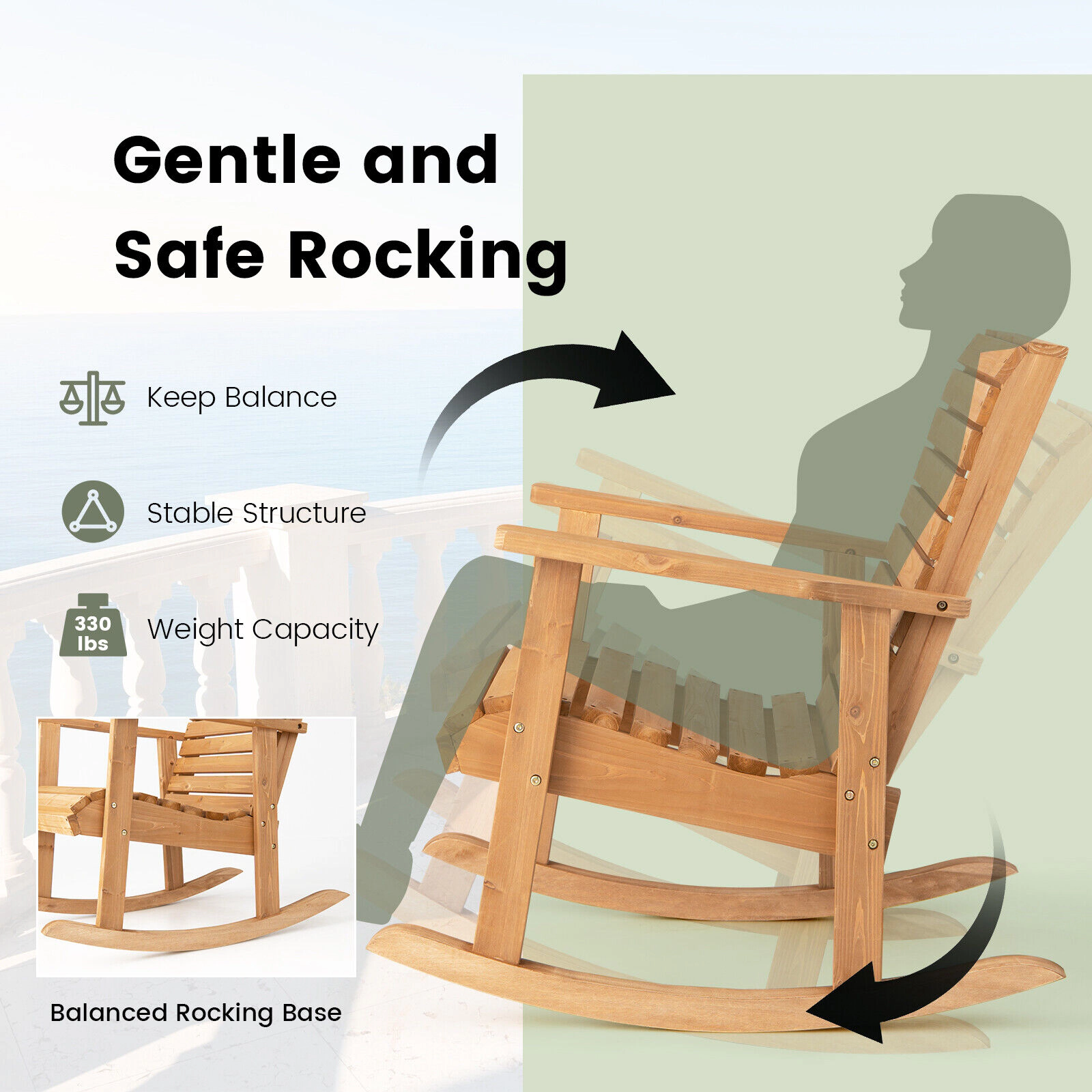 LJG Outdoor Fir Wood Rocking Chair with High Backrest