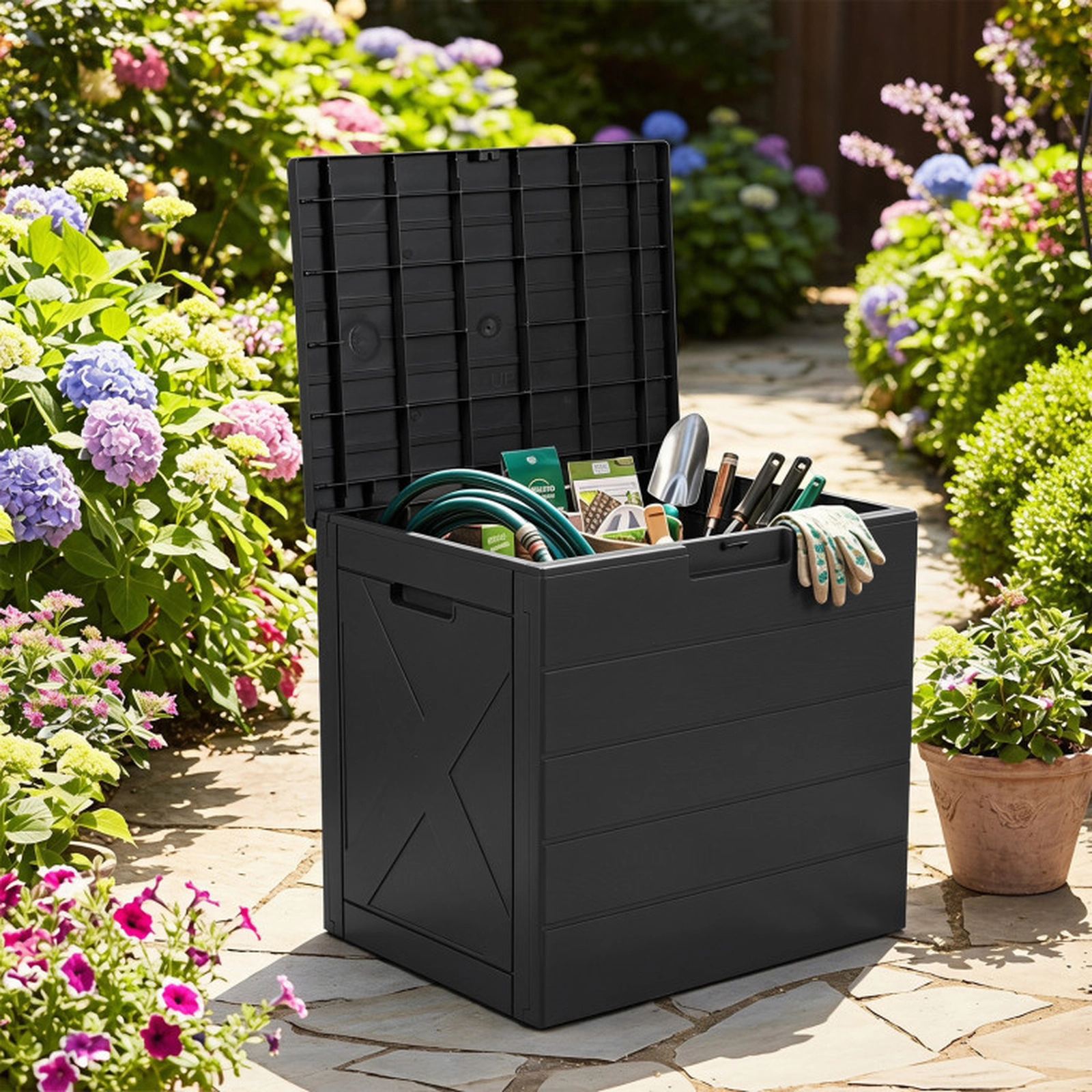 SUGIFT 25 Gallon Outdoor PP Storage Bin Deck Box with Lock Hole Carry Handles 110-lb Lid Capacity 22-in Wide Black