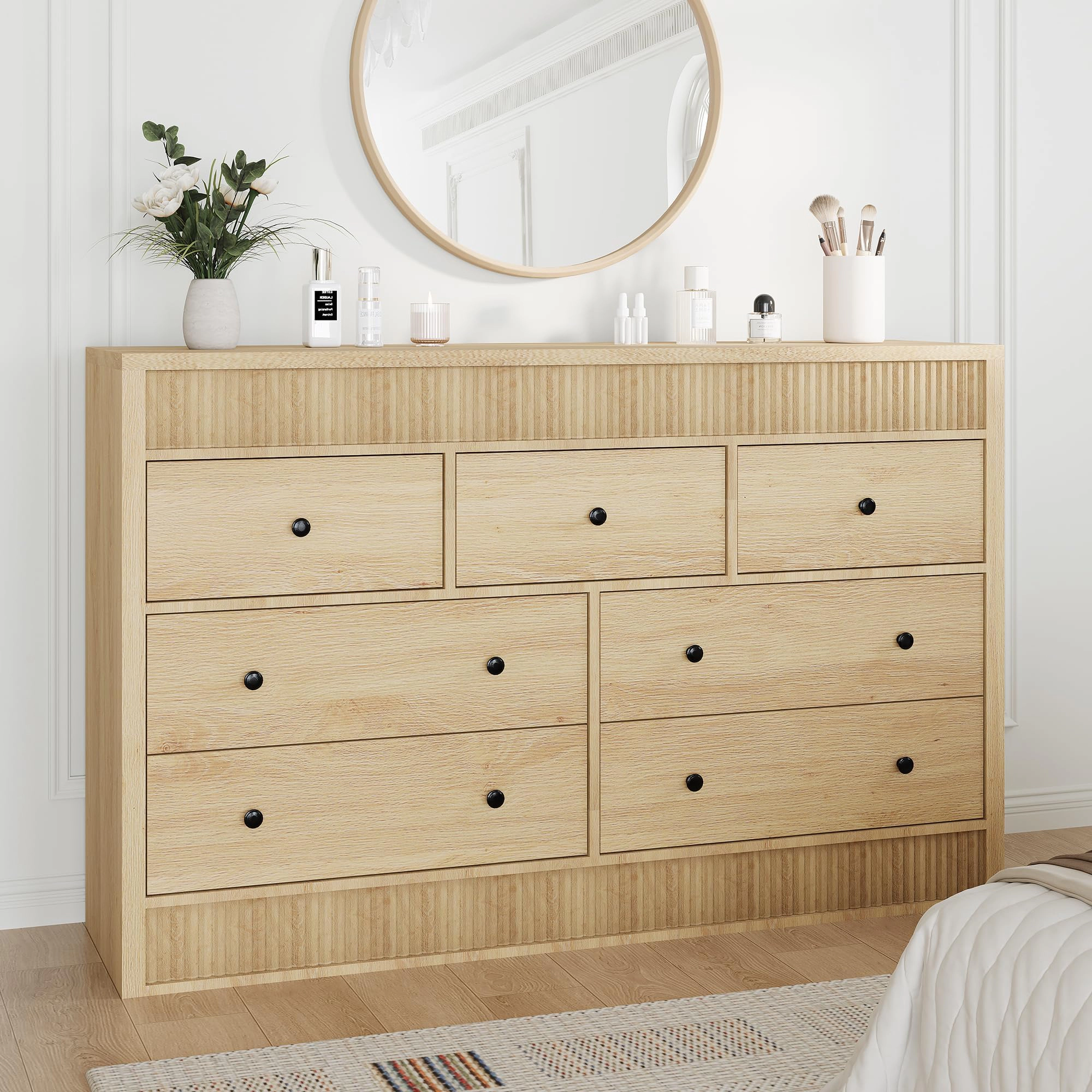 Fluted 7 Drawer Wooden Dresser, 54" Wide Modern Storage Chest for Bedroom or Living Room