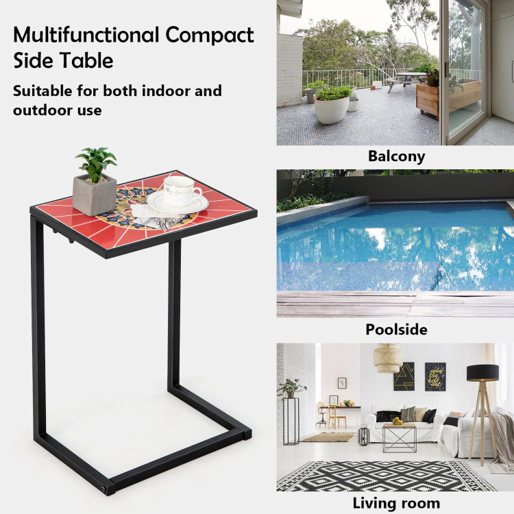 Hivvago C-Shaped Waterproof Outdoor Side End Table With Ceramic Top