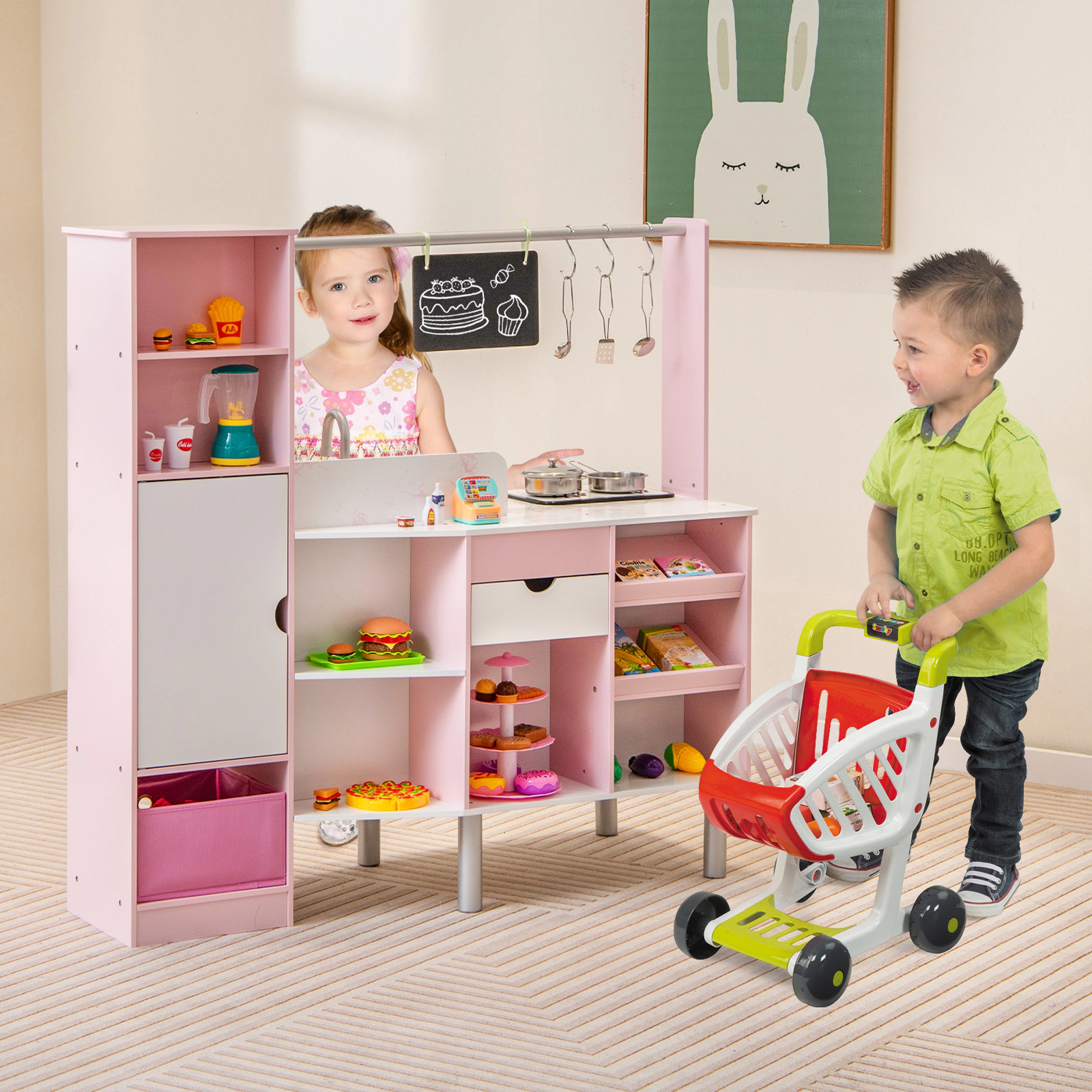 SUGIFT Pink Light and Sound 2-in-1 Double-Sided Kids Play Kitchen and Market Stand