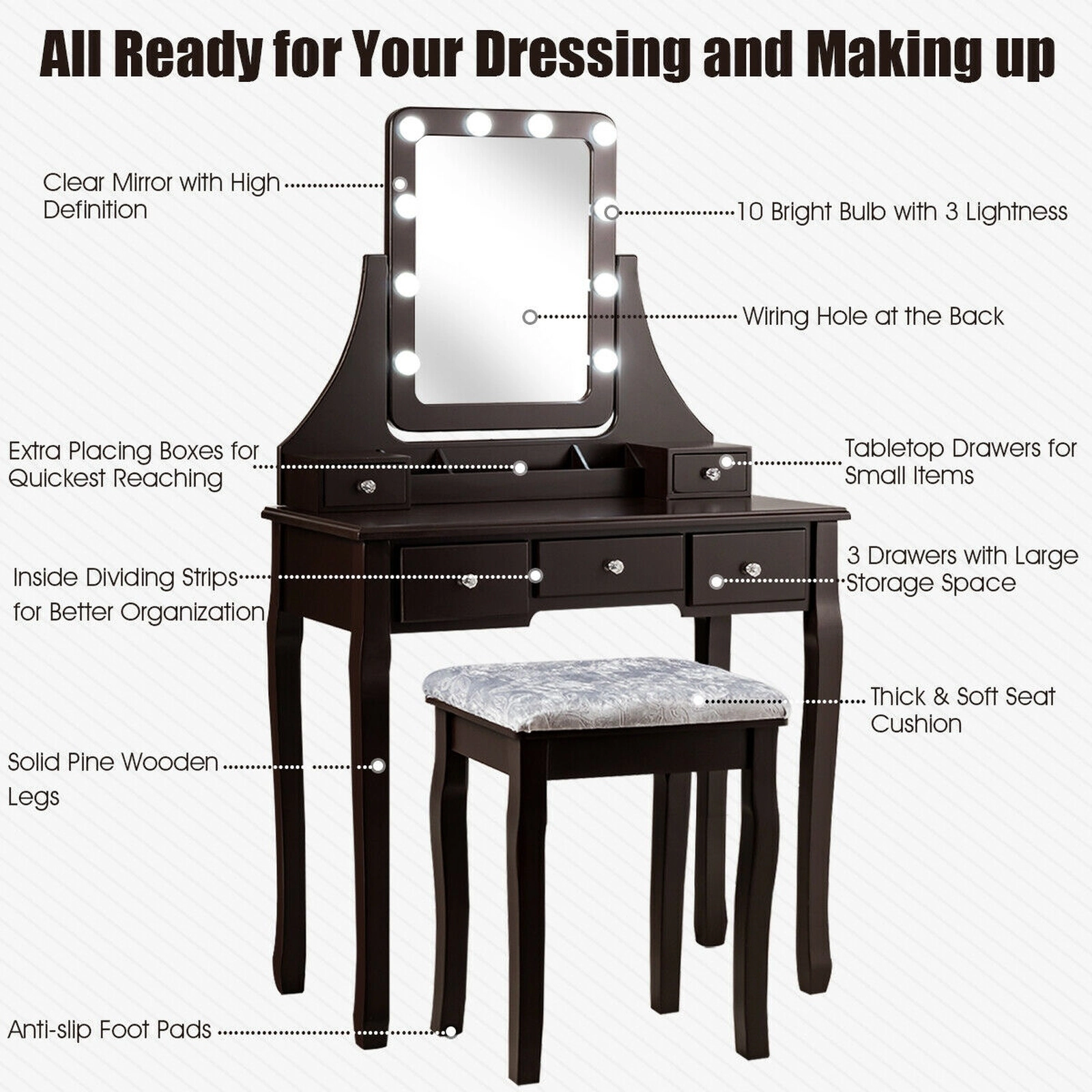 SUGIFT Vanity Dressing Table Set with 10 Dimmable Bulbs and Cushioned Stool 220-Lb Capacity Brown